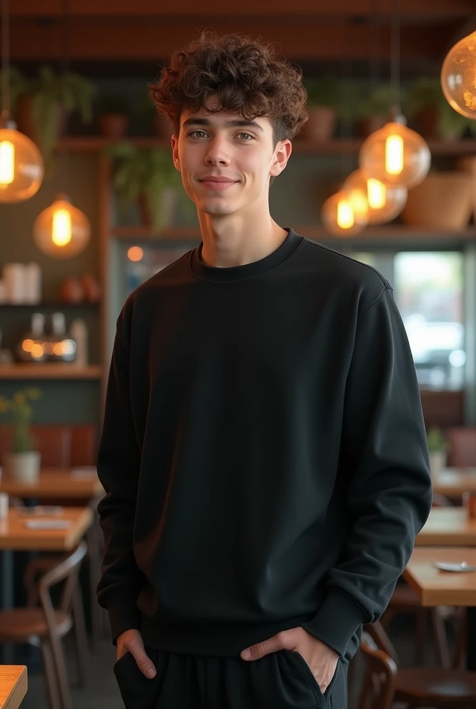 A 20 year old man is sitting in a cafe chair, wearing a red and black hoodie, wearing a black hat, smiling 