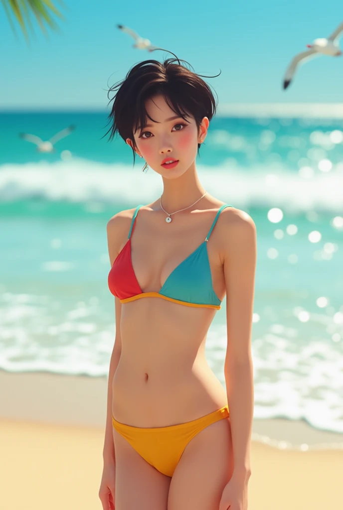 ((Highest quality)), ((masterpiece)), (detailed), One girl, Off-the-shoulder sweater, Scene Setting Background: Sunset coast。The sky is painted in shades of orange and pink、The light of the setting sun reflecting off the shore is beautiful.。

Female characteristics Age: 23 years old hairstyle: Dark brown short haircut:smile、Showing teeth: Small Breasts Clothes: Swimwear（Bikini or one piece、Color and design are free）

Pose: The woman is sticking out her buttocks towards the camera.。
    The pose is sexy and confident。
    Bend one leg slightly、Natural and relaxed posture。

Ambience Emphasizing beauty and elegance。
    Take advantage of natural light、Soft and warm tones。