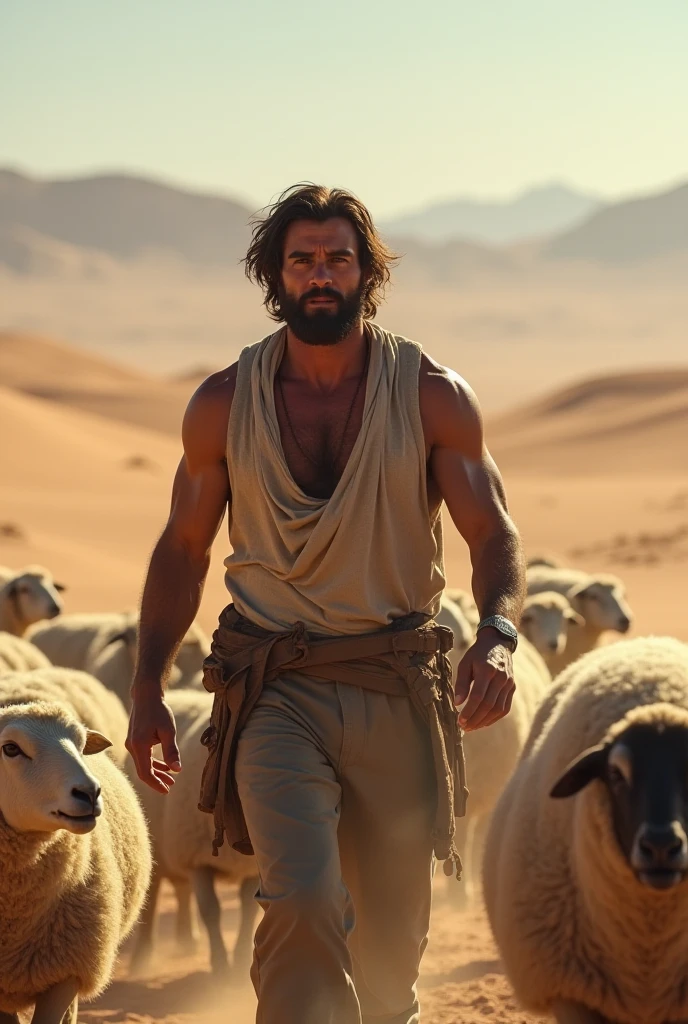 Make Jesus very sweaty and muscular with his sheep approaching his ????? and he laughing, realist 4k