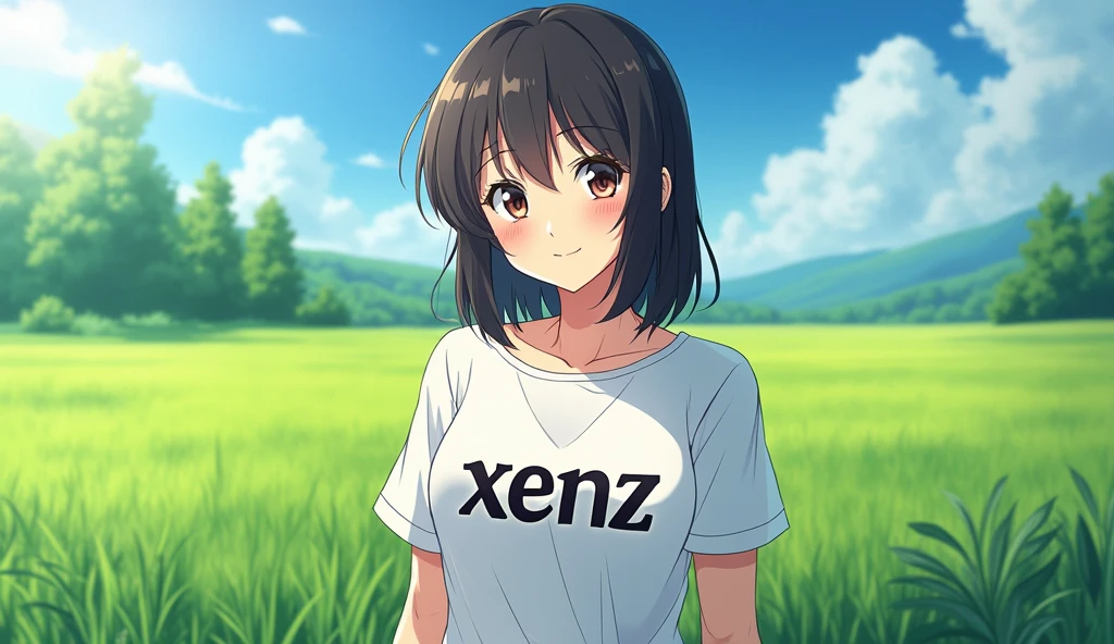 <lora:moralgear3-10:0.6>, 1girl, large breasts, smile, bob cut, black hair, blue eyes, mountain, outdoors, wide hips, t-shirt, short shorts, belt, headband