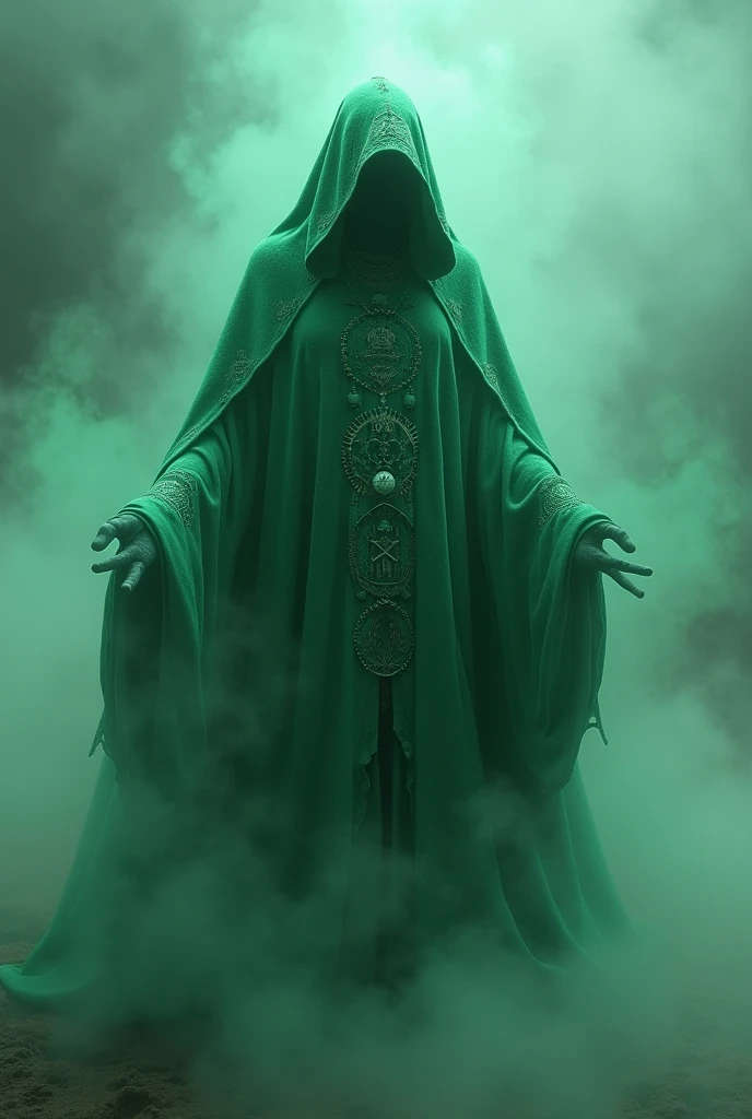 Gaunt man, spectral cloaked warlock, ghoulish features, skeletal features, burial clothes, ghostly cloak, porcelain death mask, glowing green satanic sigil
