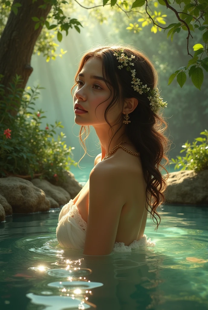 A beautiful, ancient Greek goddess of love resembling Gal Gadot, bathing in a lake with crystal clear, marble-like water. Surrounded by a small waterfall, the goddess embraces and kisses another goddess.
Medium: Oil painting
Additional details:
- The lake is surrounded by lush greenery and blooming flowers, creating a serene atmosphere.
- The goddesses' hair flows gracefully in the wind, adding to the ethereal vibe of the scene.
- Both goddesses wear flowing, ethereal white dresses that accentuate their beauty.
- The marble-like water shimmers under the sunlight, giving it a magical appearance.
- The small waterfall cascades gently, creating a soothing sound as it falls into the lake.
- The goddesses' skin is radiant and glowing, symbolizing their divine nature.
- Birds chirp cheerfully in the background, adding to the harmony of the surroundings.
- The goddesses' lips are rosy and perfectly shaped, enhancing their beauty and sensuality.
- The overall atmosphere is dreamlike, with a touch of romance and tranquility.
Image quality: (best quality, 4k, 8k, highres, masterpiece:1.2), ultra-detailed, (realistic, photorealistic, photo-realistic:1.37)
Art style: Portraits, Greek mythology
Color palette: Soft pastel colors, with hints of blue and pink
Lighting: Soft, warm sunlight illuminating the scene, creating a gentle glow