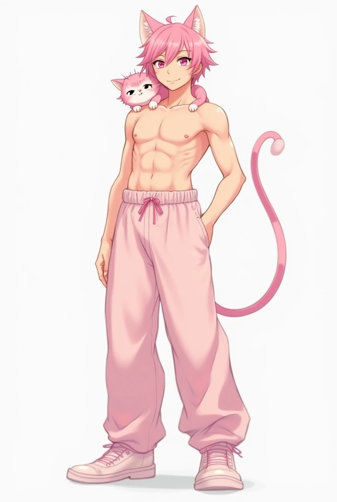 Beautiful boy with white and blue hair and brown skin, succulent and sexy and very sensual curves, rather sloppy pig cosplay with torn suit, face and facial features delicate and a little rustic and clearly blushing, very detailed, 8K, riding on a rock eating soba, a yaoi work. anime teacher