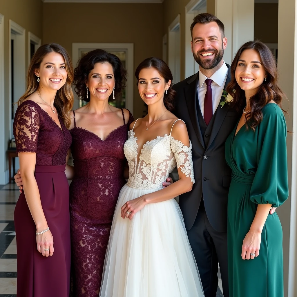 complete wedding woman in white dress next to man in black suit and black tie next to a man in gray jacket and gray pants with olive green tie and next to the woman in white dress a woman in rust dress next to a woman in olive green dress and next to a man in beige vest and pants