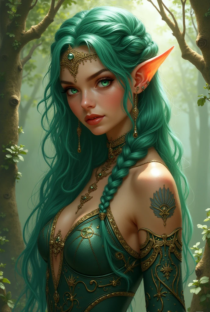 a beautiful elf woman, detailed face, beautiful eyes, long eyelashes, wearing a black corset, cleavage, intricate fantasy costume, detailed jewelry, photorealistic, 8K, masterpiece, fine details, cinematic lighting, dramatic colors, fantasy art