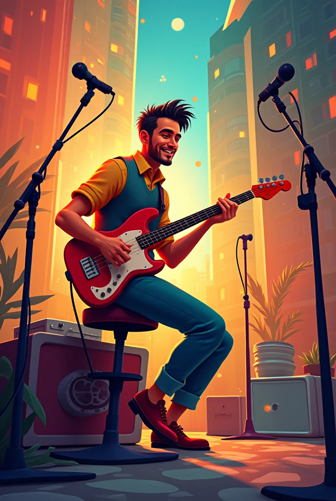 yo, Latino Haircut, playing guitar standing( ritmo rock gospel), at an event with people singing along with me.
with other musical instruments behind him left in a corner