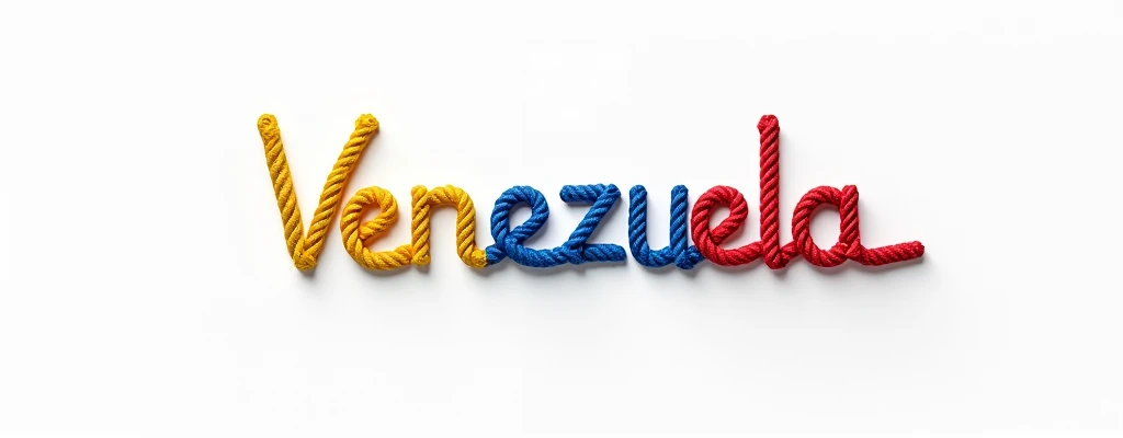A minimalist design of the Spanish word "venezuela" formed by a single piece of yellow, blue and red rope against a white background. The first three letters are yellow, the next three letters are blue and the last three letters are red. The rope twists and bends intricately to create the letterforms without breaks. The negative space within the loops helps define the letters. The design symbolizes connection and strength. The composition is simple yet detailed. The overall aesthetic is elegant, meaningful, and creatively brilliant, offering a unique interpretation of love through the art of knots.