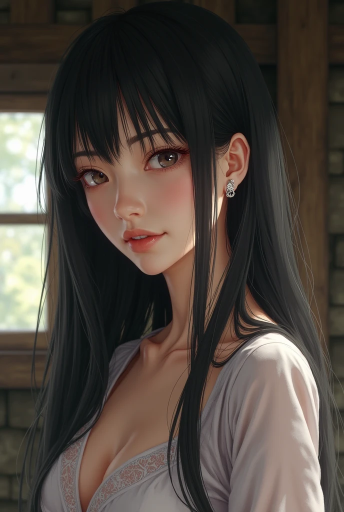 Amazing portrait of a sexy and cute woman with a beautiful face with black brown long straight hair and weak eyes while blushing intensely and her lips are parted being ready to kiss wearing a long oversized white shirt