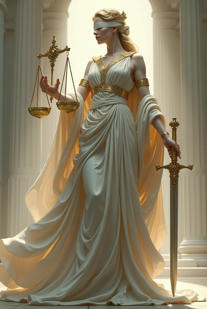 The Justices Woman, the goddess of justice, balances two scales, has a white cloth covering her eyes, and holds a sword in her other hand.