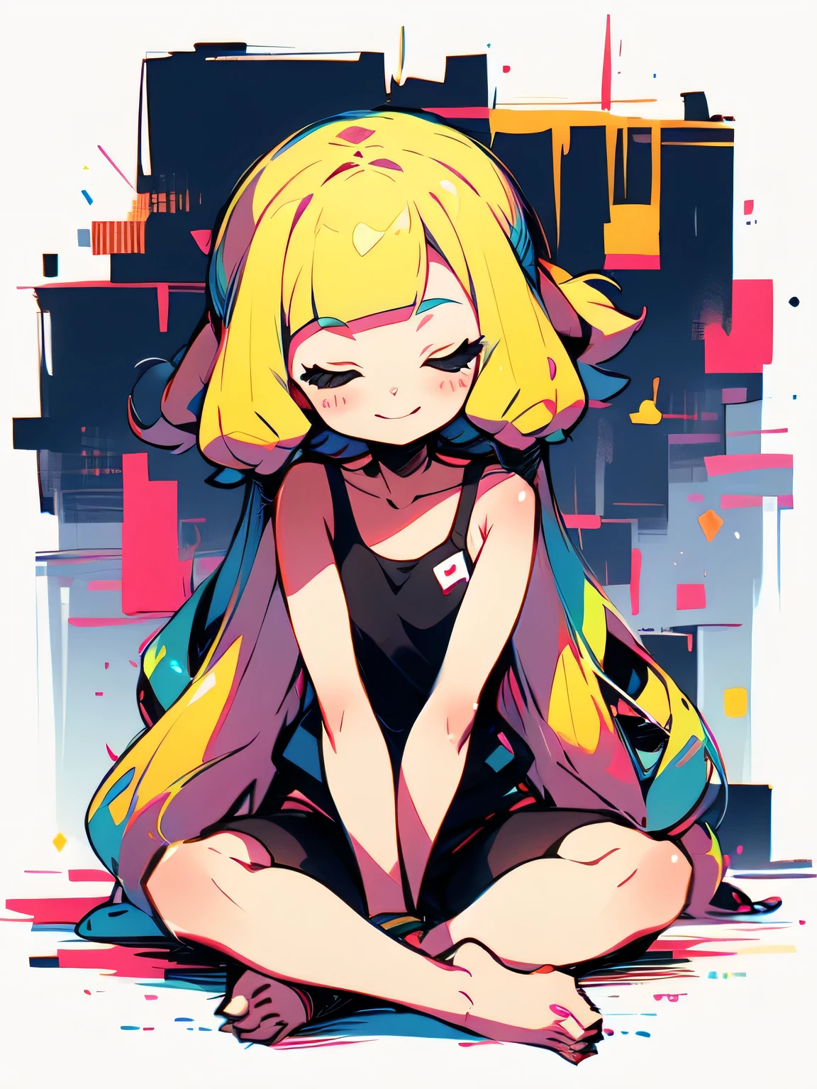 (( chibi)),Alone,fullbody,blonde tunel,blunt bangs,cute face, camisole,miniskirt, absolute domain,(sitting indian style),closed eyes smile,with pikachu( Pokemon ),( manga style),(sketch),(illustration),