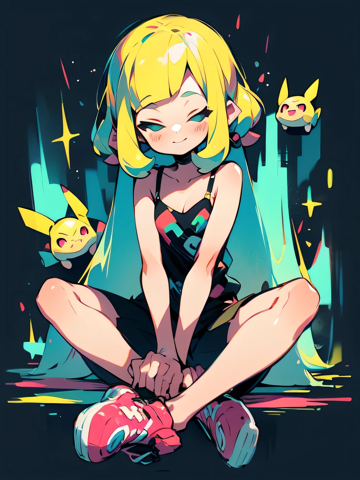 (( chibi)),Alone,fullbody,blonde tunel,blunt bangs,cute face, camisole,miniskirt, absolute domain,(sitting indian style),closed eyes smile,with pikachu( Pokemon ),( manga style),(sketch),(illustration),