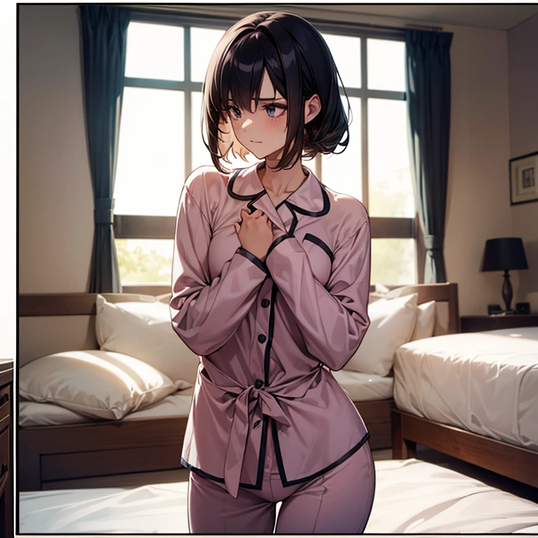 Rosaria from Genshin impact game, 1woman, wearing a cute pajamas, at morning bed, short hair style, 8k, high detailed, high quality, full body