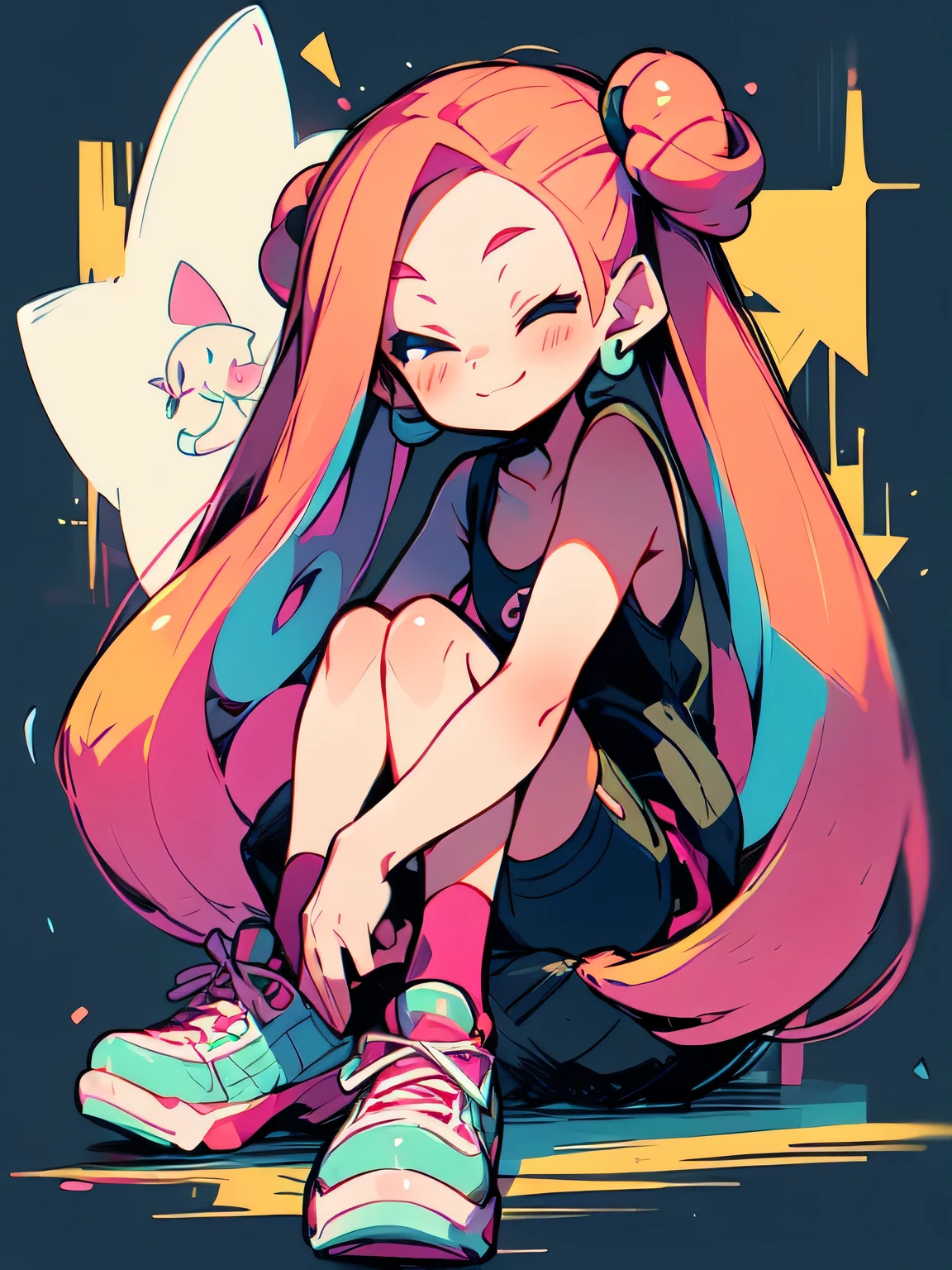(( chibi:1.3)),Alone,fullbody,bright pink tiwntail,forehead,cute face, camisole,miniskirt, knee-high socks, absolute domain,(sitting indian style),closed eyes smile,with pikachu( Pokemon ),( manga style),(sketch),(illustration),