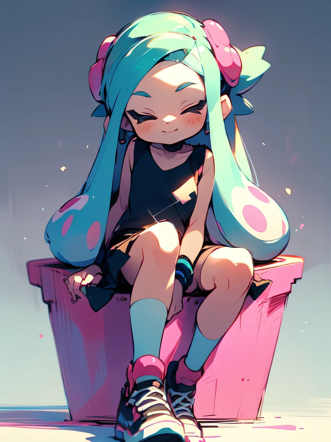 (( chibi:1.3)),Alone,fullbody,bright pink tiwntail,forehead,cute face, camisole,miniskirt, knee-high socks, absolute domain,(sitting indian style),closed eyes smile,with pikachu( Pokemon ),( manga style),(sketch),(illustration),