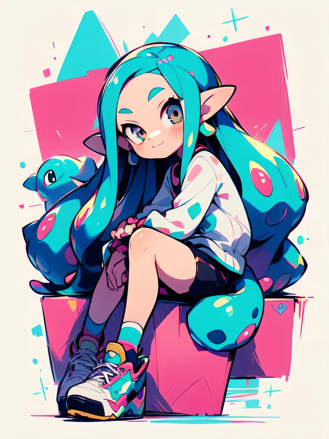 (( chibi:1.3)),sideview,Alone,fullbody,bright pink tiwntail,forehead,cute face, camisole,miniskirt, knee-high socks, absolute domain,(sitting indian style),shiny smile,with pikachu( Pokemon ),(Octopus legs get entangled a lot:1.3),( manga style),(sketch),(illustration),