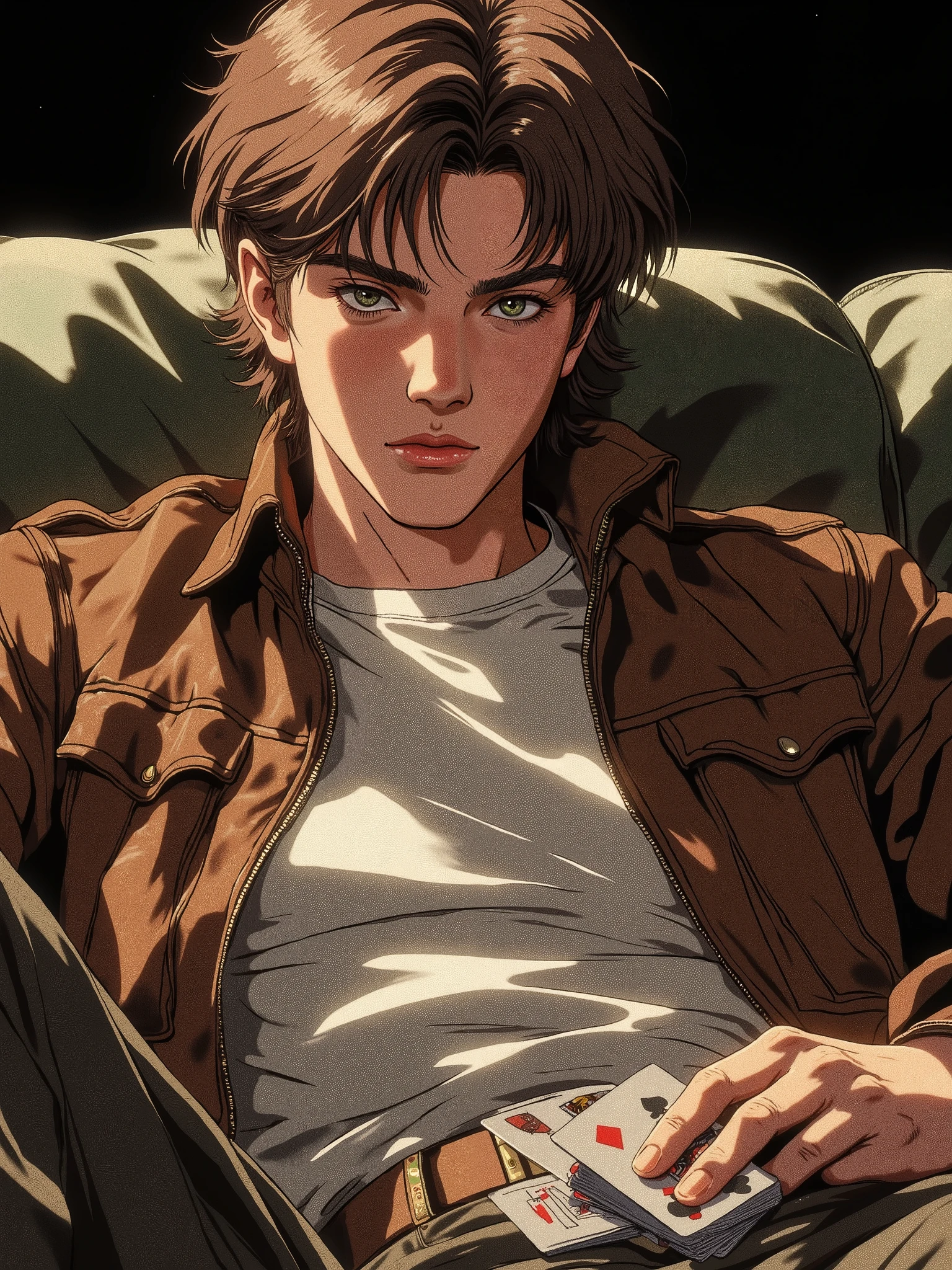 Boy, about twenty years old, with brown hair and straight parting, with green eyes, in a white t-shirt and a brown leather bomber jacket, with a deck of cards in hand, is lying on the sofa, dark background