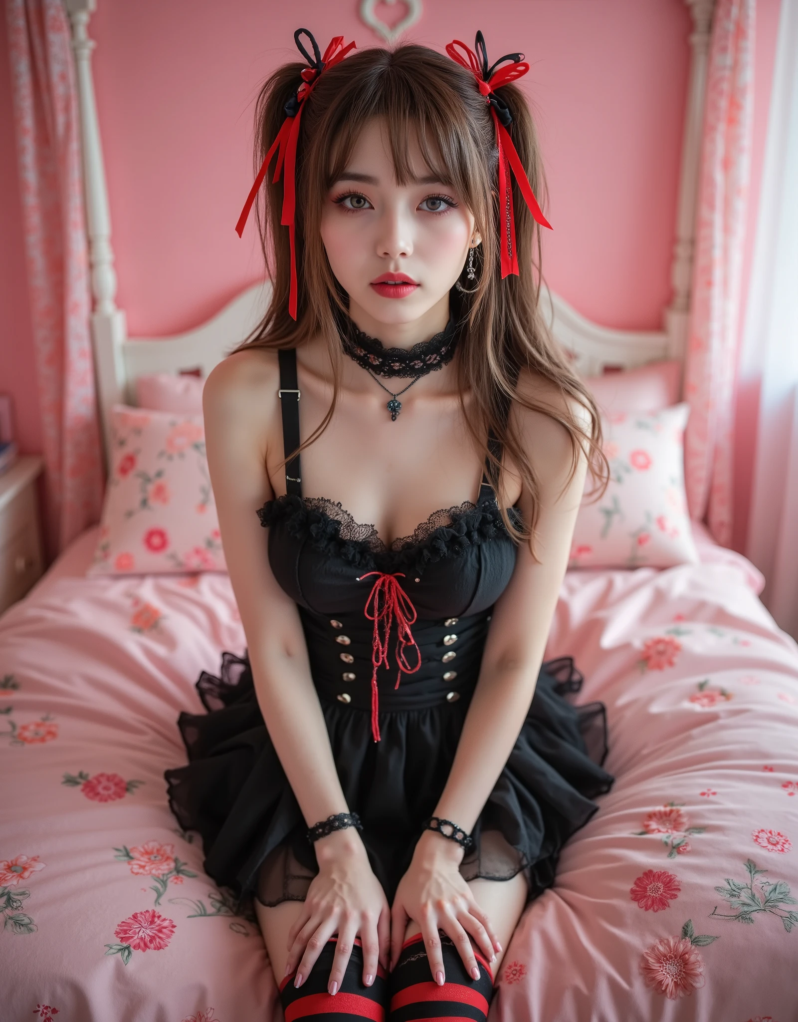 (Canon), (EOS R5), (50mm), ((( photorealistic:1.5))), (No lens flare :1.5), ((超 high resolution)), ( Masterpiece), accurate,( is presentな質感の肌), Super Detail, high detail, high quality , Award-winning work , 最 high quality, 32K, depth of coverage, digital camera, award-winning glamour photo , professional lighting,(SFW), ((最 high quality:1.5)), (( Masterpiece:1.5)), (( is present)), high resolution, is presentな影, Roughness, Real Life,(( very beautiful and cute single Japanese woman :1.5)), (( The cuteness of Japan's top idol )), ((Upper body shot seen obliquely from the front :1.5)), ( upper body shot seen from the side :1.2), (( upper body shot from head to knee :1.8)), (( cute 18-year-old Japanese high school girl )), 1 girl, (( very cute gothic lolita girl )), Beautiful and adorable bedroom , ( sitting on a bed), are looking at this, ( curls that hang gracefully in red and black double knot hair and red ribbons), (( wearing a red and black gothic Lolita style dress )), with lots of frills , red socks with black stripes up to the thighs , There are times when a black leather short boo is placed next to the bed , dreamy and shy expression , Attractive cuteness , seductive pose holding hands, Height: 160cm, slim figure, beautiful shaped big bust , F Cup, cleavage of bust visible, (( very cute smile with little teeth visible :1.5)), ( alone:1.5), (Only one person in the bedroom), ( show your hands as little as possible ), ( brown eyes:1.9), ( Detailed depiction of extremely realistic skin ), (Highly detailed, realistic eyes:1.9), ( extremely beautiful long realistic eyelashes ), (Highly detailed, realistic eyebrows), (丸い brown eyes :1.8), ( beautiful catchlight on the eyes), (Realistic lips with moisture ), ( white realistic teeth neatly lined up ), ( Beautiful and Detailed Face :1.6), ( hourglass figure :1.6), (Wasp waist :1.5), ( Perfectly round and beautifully shaped bust :1.8), ( clearly contoured cheekbones :1.5), ( perfect style body :1.8), (Healthy body :1.8), (Narrow shoulders:1.9), ( is staring at the viewer), ( Seductive Gaze ), (Beautiful, natural-looking hands), ( beautiful pink nails with a beautiful length ), ( playful and curious posture ), pink themed bedroom , ( red socks with black stripes up to the thighs ), pink wall , pink ceiling , Pink floor, Red pillows with floral patterns are placed on the fluffy pink bed, Floral pink bed sheets , Pink floral curtains , Pink furniture, soft pink lighting , ( Dreamy Cozy), fantasy style, Glow effect, Bright dynamic lighting ,