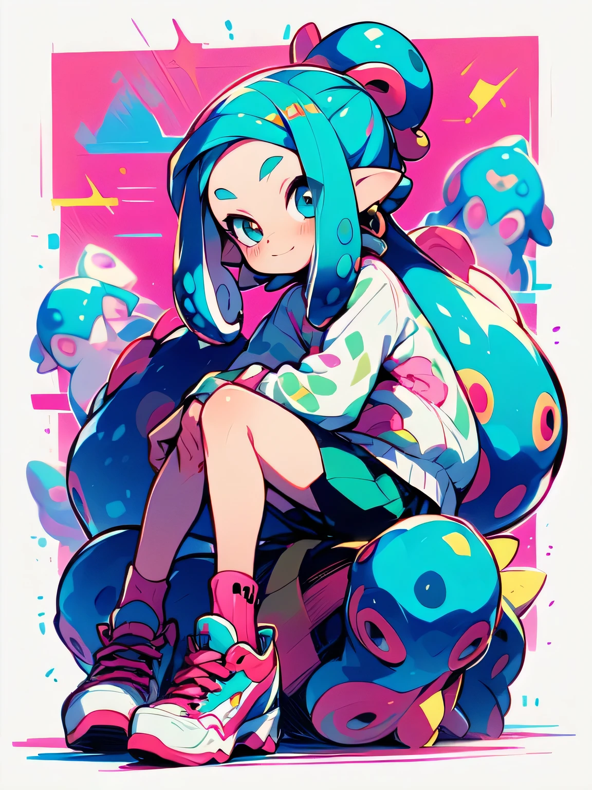 ((( chibi:1.3))),sideview,Alone,fullbody,bright pink tiwntail,forehead,cute face, camisole,miniskirt, knee-high socks, absolute domain,(sitting indian style),shiny smile,with pikachu( Pokemon ),(Octopus legs get entangled a lot:1.3),((octopus legs background)),( manga style),(sketch),(illustration),
