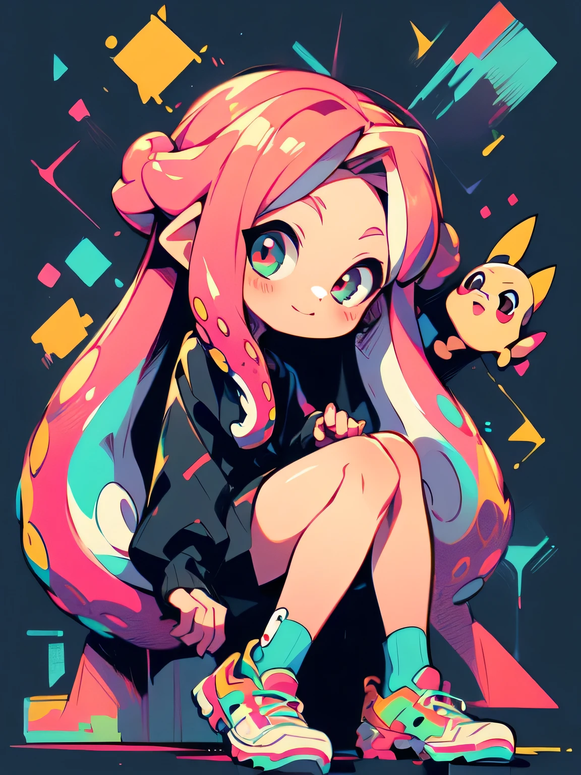 ((( chibi:1.3))),sideview,Alone,fullbody,bright pink tiwntail,forehead,cute face, camisole,miniskirt, knee-high socks, absolute domain,(sitting indian style),shiny smile,with pikachu( Pokemon ),(Octopus legs get entangled a lot:1.3),((octopus legs background)),( manga style),(sketch),(illustration),