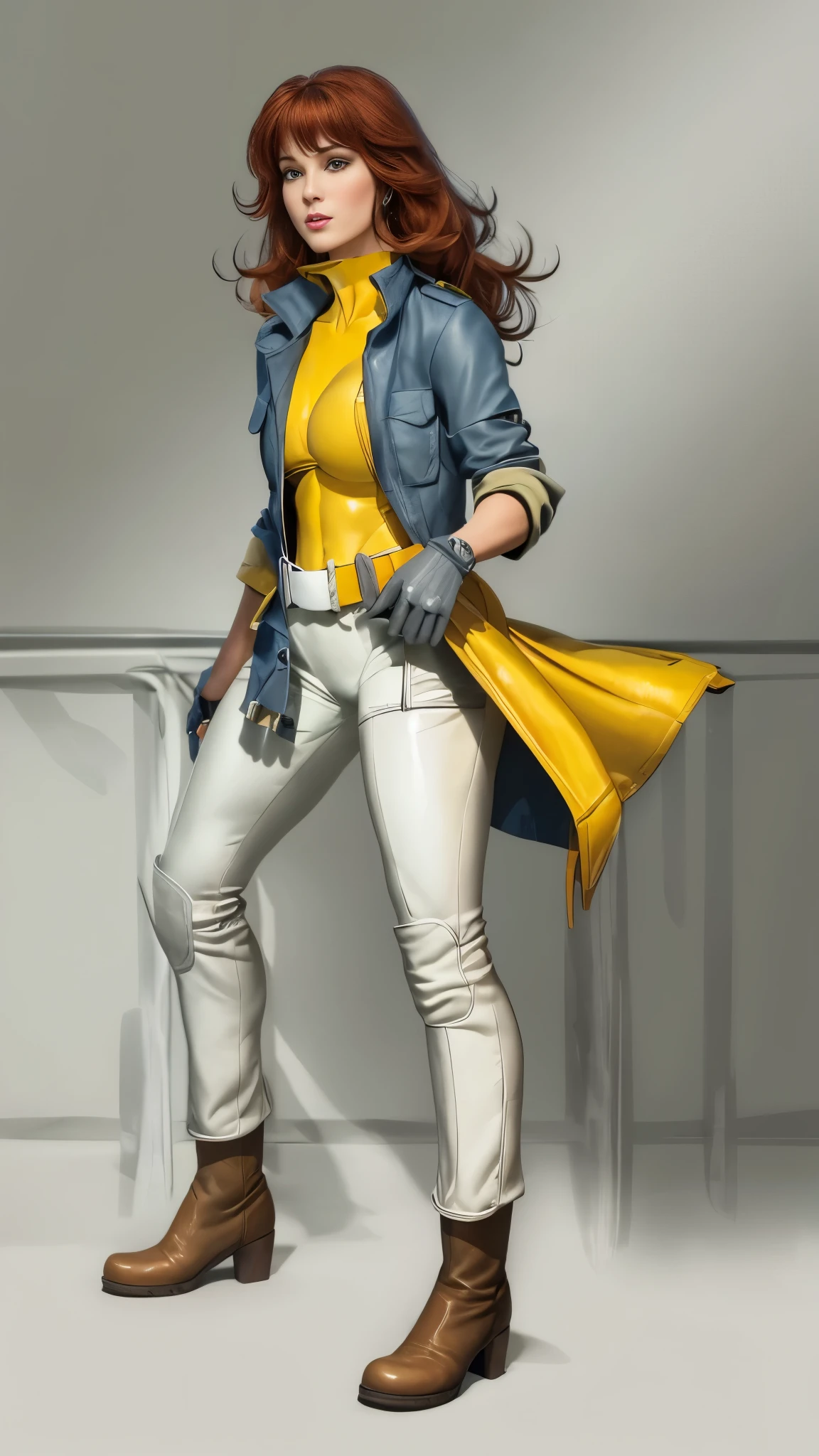 The prompt for the sexy depiction of April O'Neil from the age Mutant Ninja Turtles should be as follows:
April O'Neil in a sultry pose, wearing a form-fitting yellow jumpsuit with a white belt and white boots. She has beautiful, detailed eyes and lips, with long eyelashes. Her hair is red and mid length. The medium is a realistic digital illustration or photograph with high resolution (best quality, 4k or 8k). The image should be ultra-detailed, capturing every aspect of her appearance. The color tone is vibrant, with vivid colors that enhance her attractiveness. The lighting is soft and glamorous, with a studio lighting style that brings out her features. The background complements her character, suggesting an urban setting or a cityscape with a touch of mystery. (((white belt and boots))) short hair