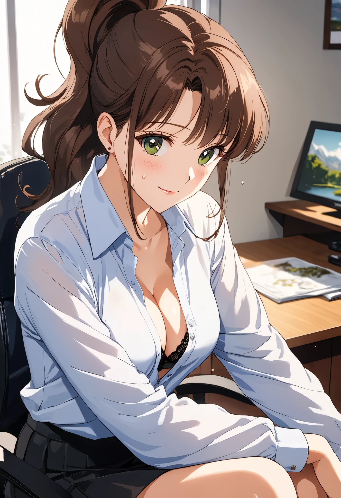 masterpiece, Best Quality, High resolution,16k,official art,super detailed skin,detailed,animated painting,Anime-style painting style, (Makoto Kino),1990s \(style\),(E-cup beautiful breasts)、 (tall:1.2),height: 175cm,Fashion model body type、Unbuttoned long sleeve button-up shirt、black mini skirt,Sexy black lace underwear,Sweating all over the body、vapor、Muscular、1girl,fullbody,nsfw,light smile,Shyness、blush,Anime-style painting style,Brown Hair、Ponytail Hair、Cinematic lighting,Superfine,magnificent view、in the office、sitting office chair,morning,Close-up