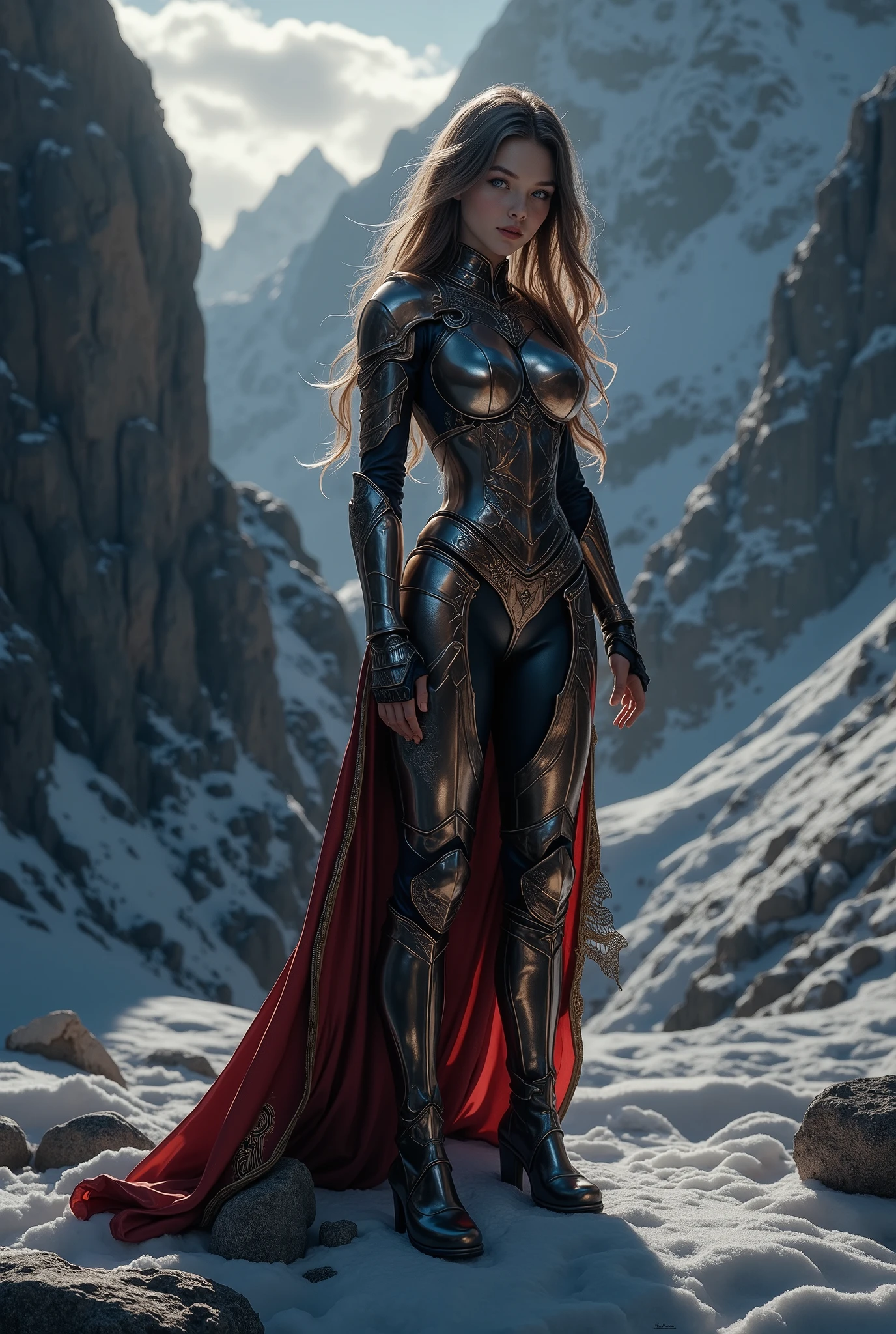 (ultra Realistic) , (illustration), (Enhance resolution), (8k), ( Extremely Detailed), ( detailed face ), Slim Body, in the dark , deep shadow, low profile, pureerosfaceace_v1, Happy smile, Winter, Mountain
