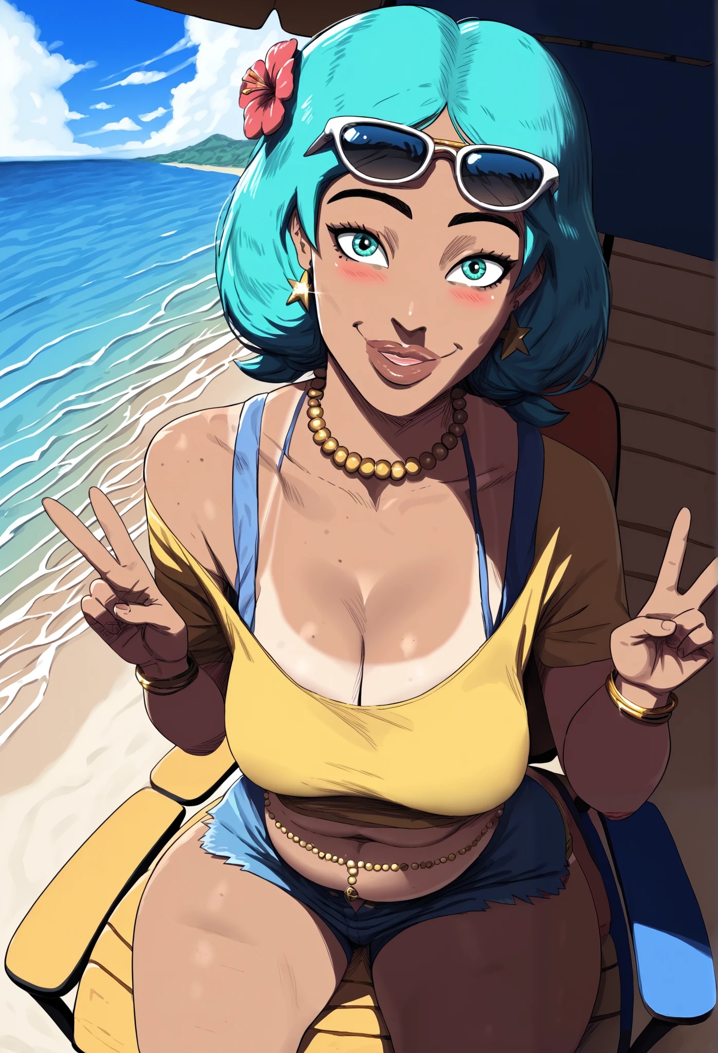 (anime art style:1.0), D-art art style, 2d, masterpiece, best quality, very aesthetic, absurdres, dynamic shadows, atmosferic, leaning forward, from above, brazilian_miku, tanned skin, licht brown skin big lips, plump lips, 1girl, solo, aqua hair, (twintails), bangs, aqua eyes, big breasts, (curvy body), big ass, wide hips, thick thighs, tanlines, makeup, blush, collarbone, cleavage, blue garters, blue panties, yellow crop top, pulling her crop top down to tease, denim shorts, micro shorts, off shoulder, short sleeves, sunglasses on head, flower on hair, bead choker, belly chain, gold earrings, gold bracelet, (dark skin:0.2), smile, opened mouth, cowboy shot, from front, (v), sitting, chair, wariza, opened legs, big butt, huge boobs, showing buttcrack slichtly, (looking at viewer:1.0), beach, sea, clouds