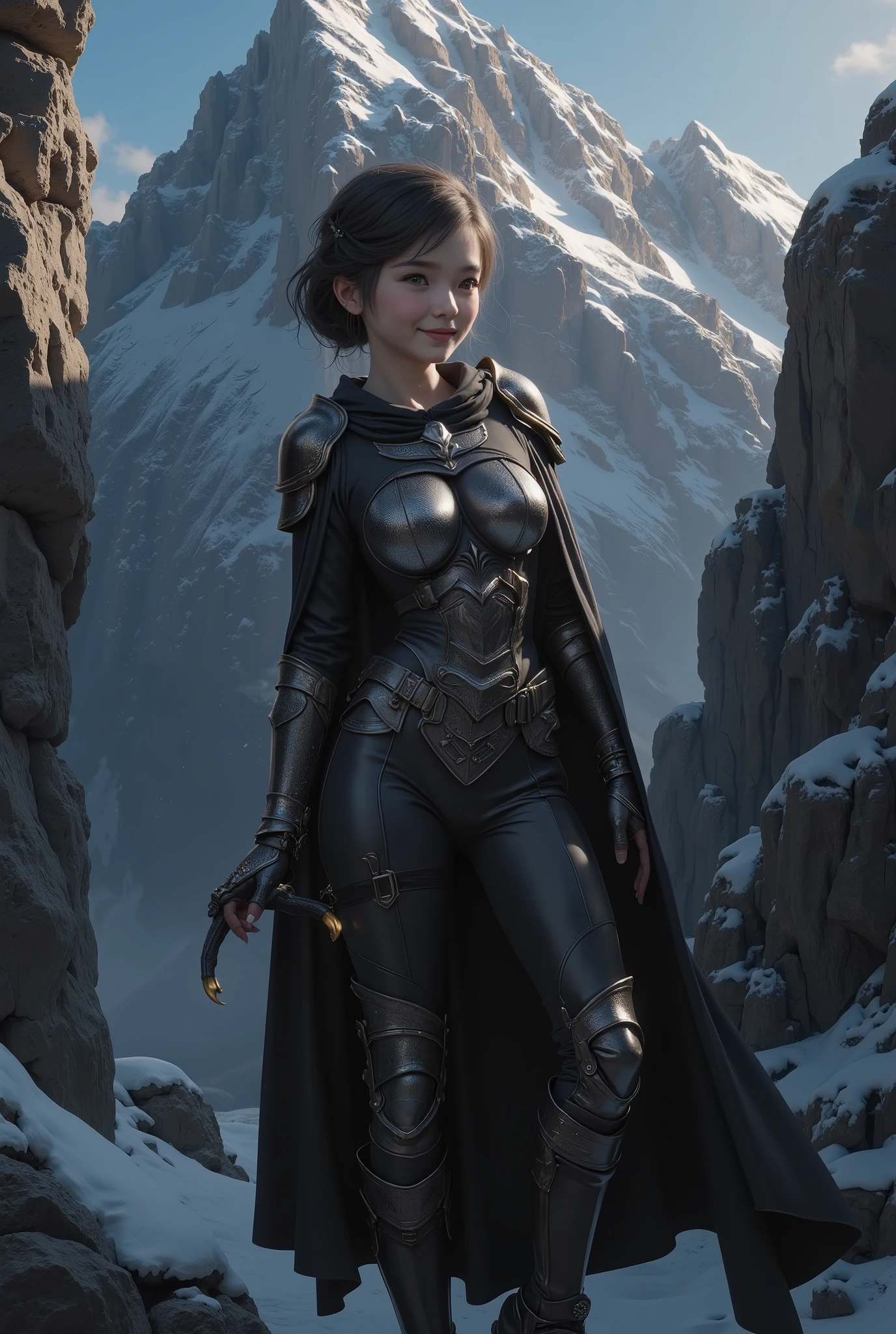(ultra Realistic) , (illustration), (Enhance resolution), (8k), ( Extremely Detailed), ( detailed face ), Slim Body, in the dark , deep shadow, low profile, pureerosfaceace_v1, Happy smile, Winter, Mountain