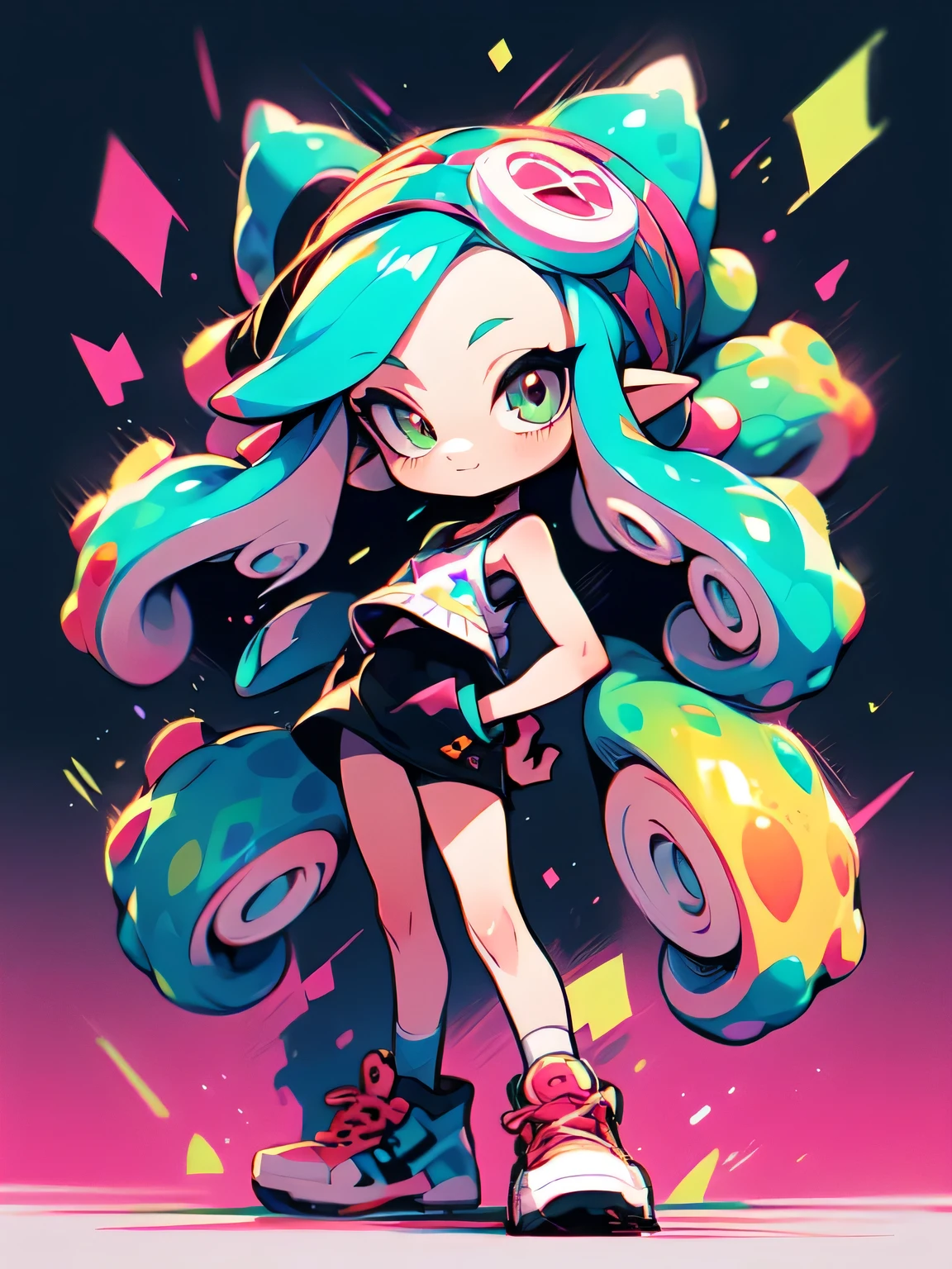 ((( chibi:1.3))),sideview,Alone,fullbody,bright pink tiwntail,forehead,cute face, camisole,miniskirt, knee-high socks, absolute domain,{{{{tentacles,tentacles tickle armpits}}}},shiny smile,with pikachu( Pokemon ),(Octopus legs get entangled a lot:1.3),((octopus legs background)),( manga style),(sketch),(illustration),