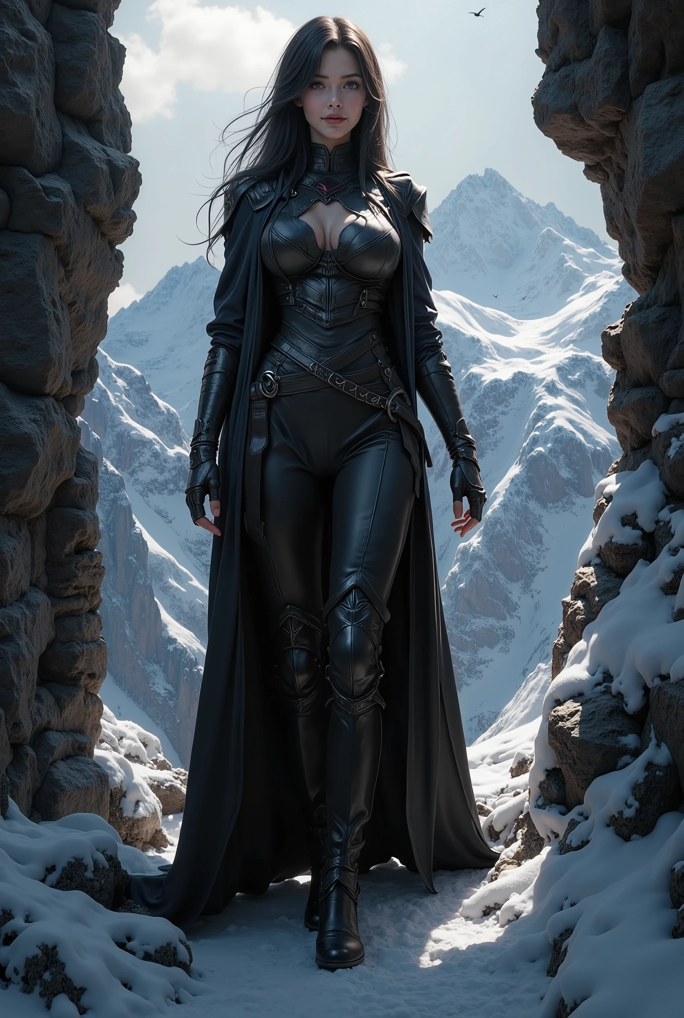(ultra Realistic) , (illustration), (Enhance resolution), (8k), ( Extremely Detailed), ( detailed face ), Slim Body, in the dark , deep shadow, low profile, pureerosfaceace_v1, Happy smile, Winter, Mountain