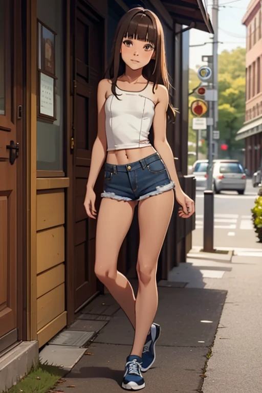 (masterpiece, Best Quality, ultra-detailed, high resolution, extremely detailed CG, official art, Professional Lighting, Perfect Anatomy, anime colors), (from below), looking at viewer, cowboy shot, perfect body, a 24yo beautiful girl, sidelocks, hairband, earrings,medium hips, glamorous body,a small face,beautiful-makeup,Makeup light,dark brown hair, Amazing Cleavage, thin waist, cute ass, Raised sexy, small breast: 1.2 posed cleavage:1.2, (off shoulders,Denimbra,legginullnude), micro denim shorts, bare legs, nail_polish, pale skin, Waiting friend, (morning:1.5), tokyo, (convenience store:1.3), outdoor, (depth of field:1.3), contrapposto, (Hold a coffee in your hand:1.3),delicate beautiful face, Bright blue eyes, cute eyes, sparkling eyes, Big eyes, (perky chest:1.1), (pointed chest:1.3), looking at viewer,