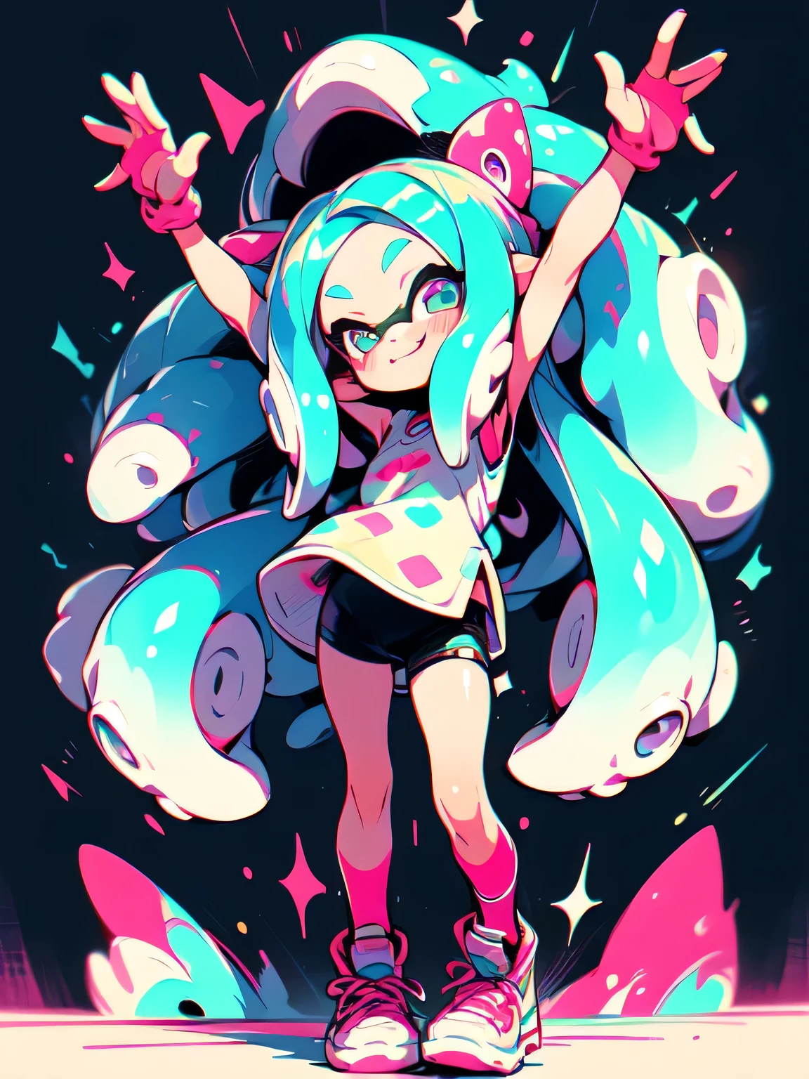((( chibi:1.3))),{{{{tentacles,tentacles tickle armpits action}}}},Alone,fullbody,bright pink tiwntail,forehead,cute face, camisole,miniskirt, knee-high socks, absolute domain,shiny smile,(Octopus legs get entangled a lot:1.3),((octopus legs background)),( manga style),(sketch),(illustration),