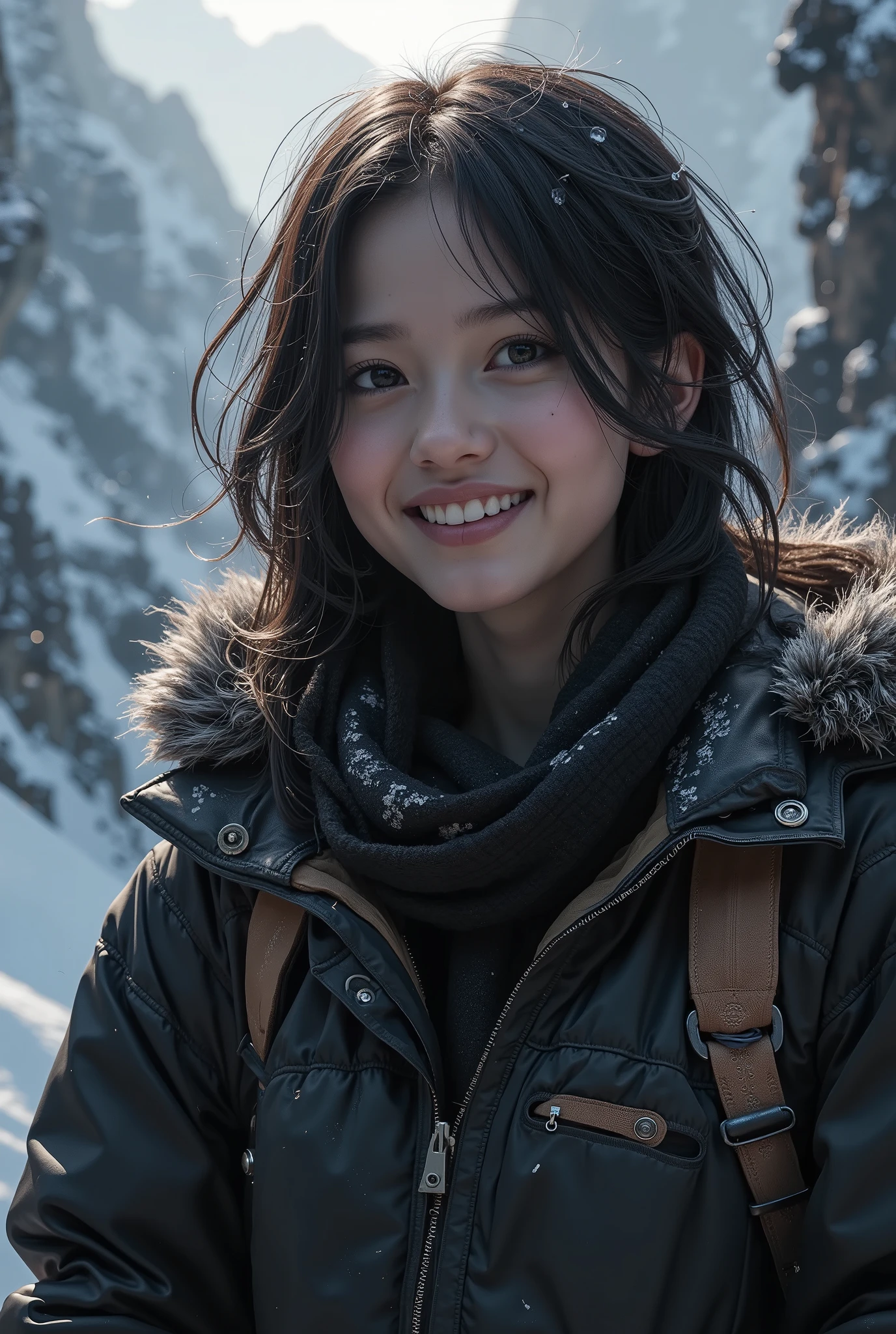 (ultra Realistic) , (illustration), (Enhance resolution), (8k), ( Extremely Detailed), ( detailed face ), Slim Body, in the dark , deep shadow, low profile, pureerosfaceace_v1, Happy smile, Winter, Mountain