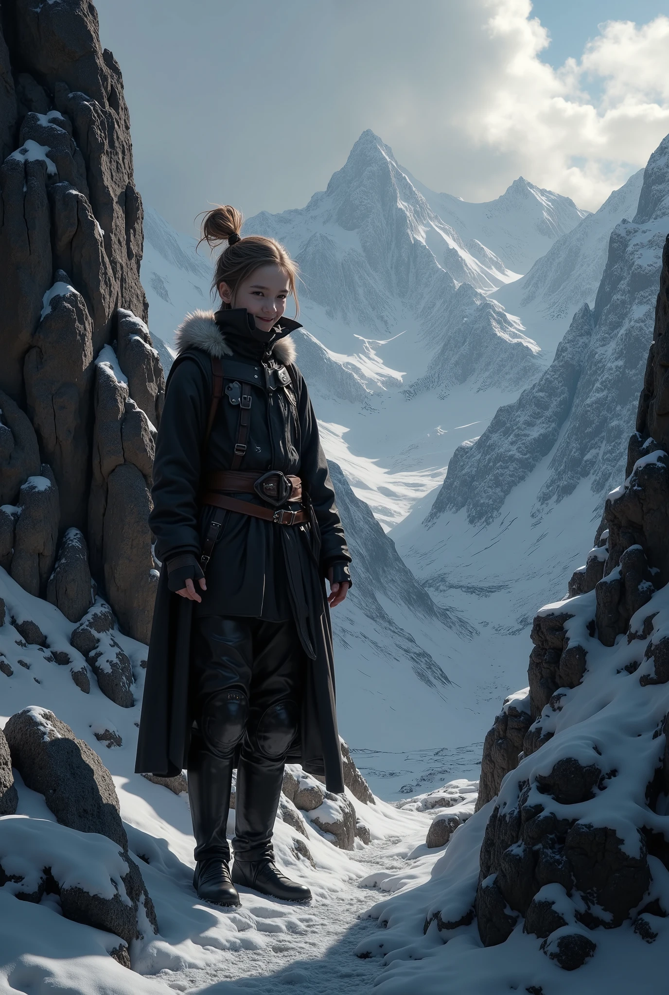 (ultra Realistic) , (illustration), (Enhance resolution), (8k), ( Extremely Detailed), ( detailed face ), Slim Body, in the dark , deep shadow, low profile, pureerosfaceace_v1, Happy smile, Winter, Mountain