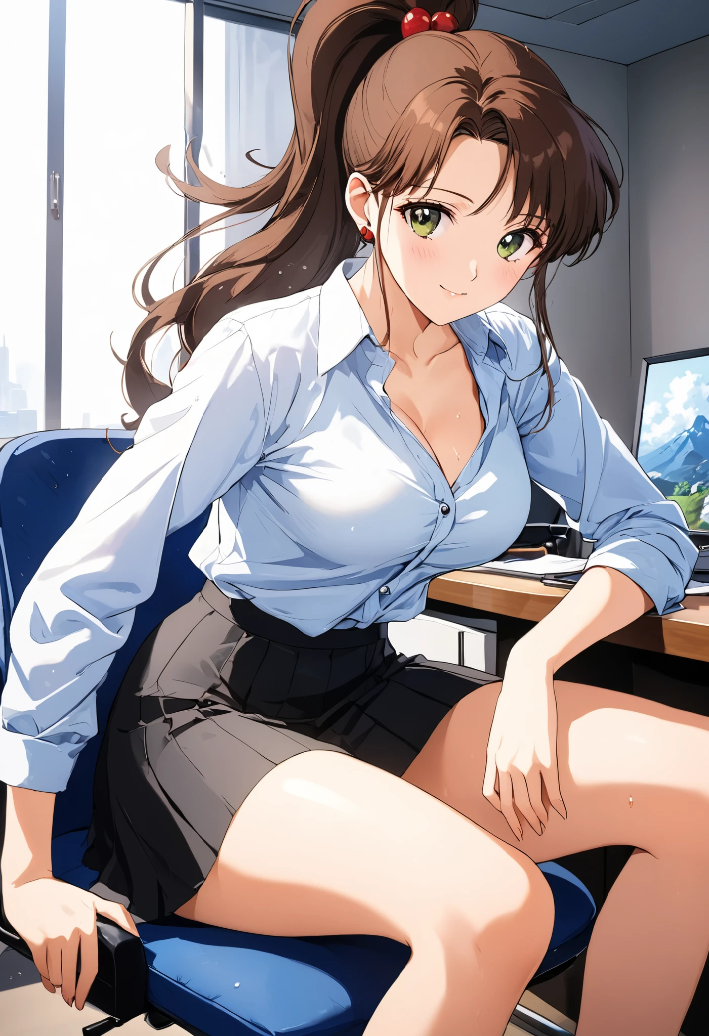 masterpiece, Best Quality, High resolution,16k,official art,super detailed skin,detailed,animated painting,Anime-style painting style, (Makoto Kino),1990s \(style\),(E-cup beautiful breasts)、 (tall:1.2),height: 175cm,Fashion model body type、Unbuttoned long sleeve button-up shirt、black mini skirt,Sexy black lace underwear,Sweating all over the body、vapor、Muscular、1girl,fullbody,nsfw,light smile,Shyness、blush,Anime-style painting style,Brown Hair、Ponytail Hair、Cinematic lighting,Superfine,magnificent view、in the office、sitting office chair,morning,Close-up