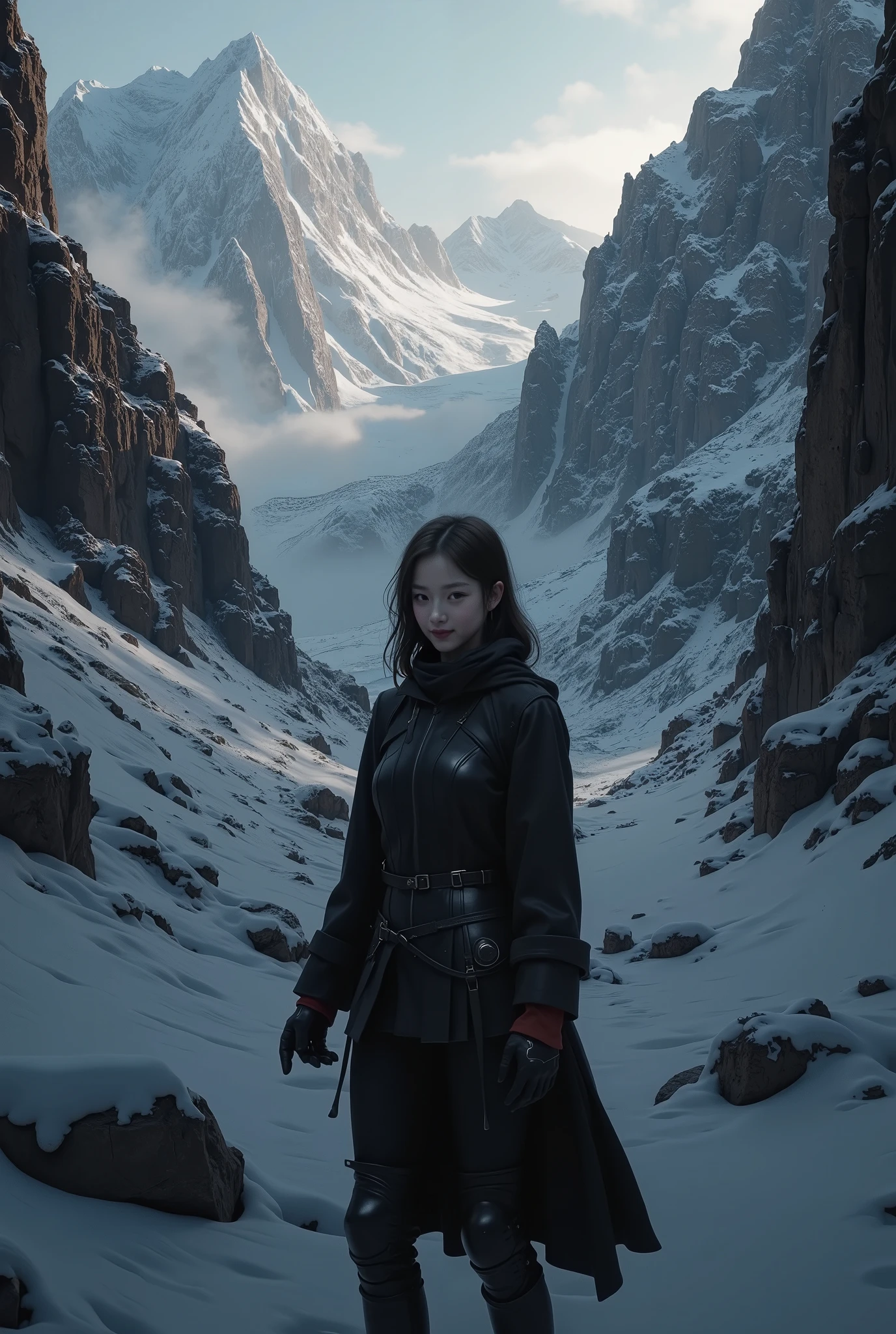 (ultra Realistic) , (illustration), (Enhance resolution), (8k), ( Extremely Detailed), ( detailed face ), Slim Body, in the dark , deep shadow, low profile, pureerosfaceace_v1, Happy smile, Winter, Mountain