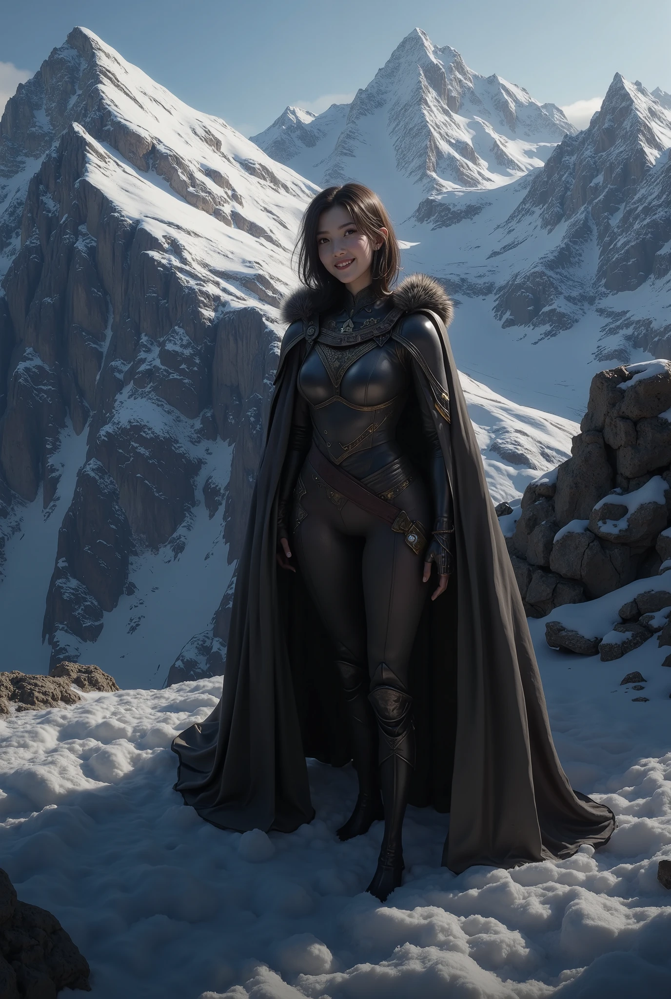 (ultra Realistic) , (illustration), (Enhance resolution), (8k), ( Extremely Detailed), ( detailed face ), Slim Body, in the dark , deep shadow, low profile, pureerosfaceace_v1, Happy smile, Winter, Mountain