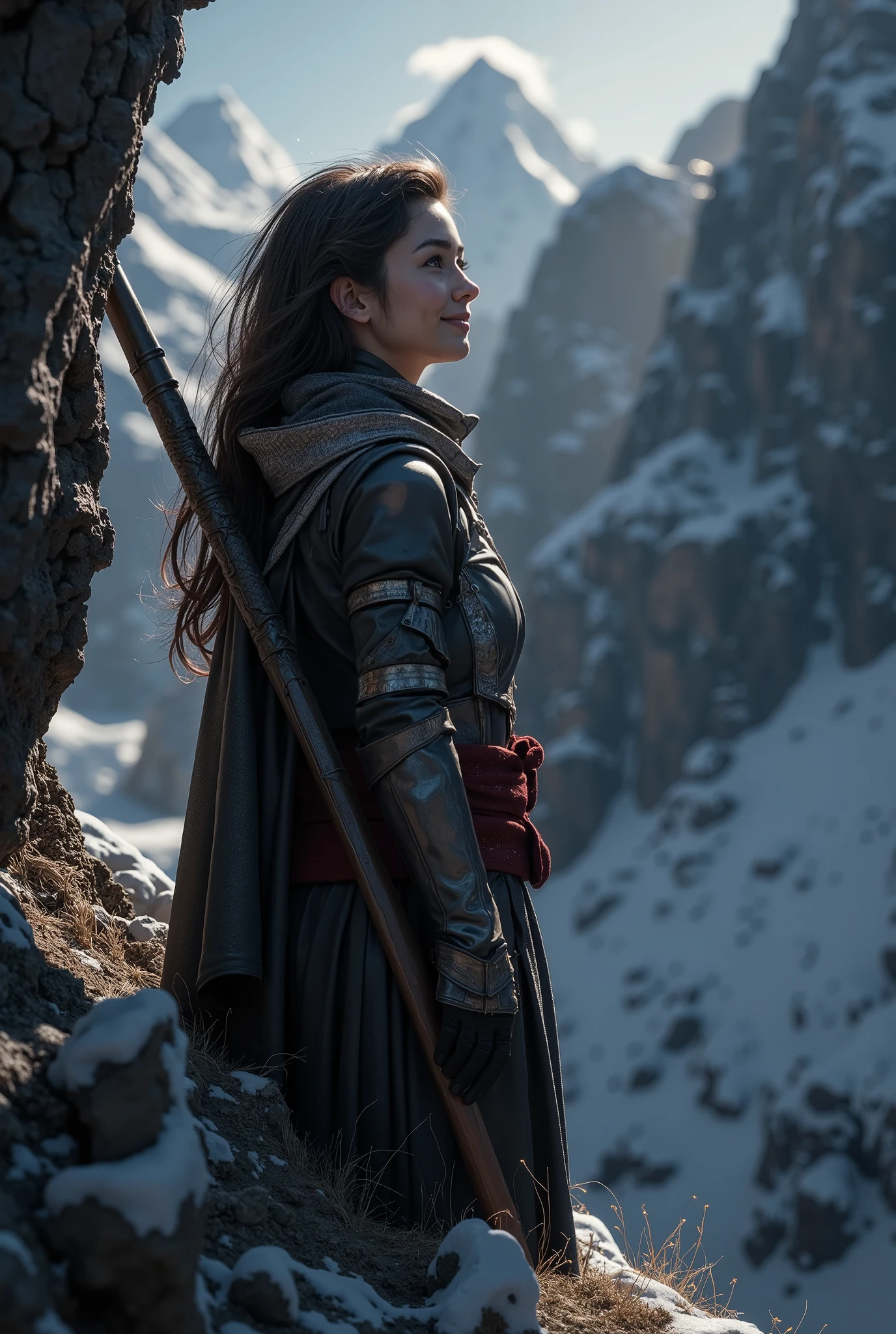 (ultra Realistic) , (illustration), (Enhance resolution), (8k), ( Extremely Detailed), ( detailed face ), Slim Body, in the dark , deep shadow, low profile, pureerosfaceace_v1, Happy smile, Winter, Mountain
