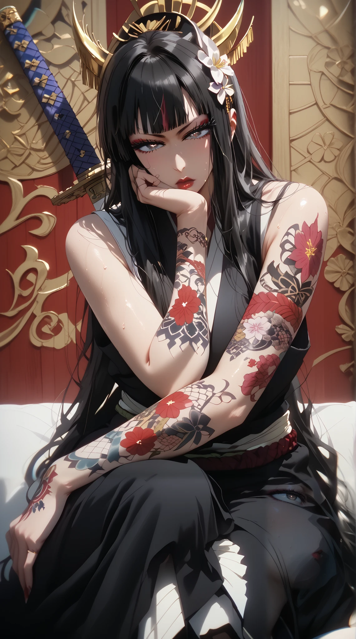 GotExpressCinematic, score_9, score_8_up, score_7_up, score_6_up, uncensored, senjumaru shutara, long hair, bangs, blunt bangs, black hair, sidelocks, black eyes, makeup, lipstick, red lipstick, large breasts, bright pupils, anime coloring, anime screencap, (voluptuous:1.3), (thick:1.3), BREAK UHD, retina, masterpiece, accurate, anatomically correct, textured skin, super detail, high details, high quality, award winning, best quality, highres, 4K, excessive sweating, sweating, sweating drop, (gasping, heavy breathing:1.3), (skindentation:1.2), perfect eyes, beautiful eyes, eyelashes, makeup, detailed body, perfect body, BREAK, 1girl, weapon, solo, sword, tattoo, hair_flower, flower, katana, sitting, looking_at_viewer, arm_tattoo, bare_shoulders, head_rest, sheathed, closed_mouth, sheath, japanese_clothes, sleeveless, white_flower, half-closed eyes