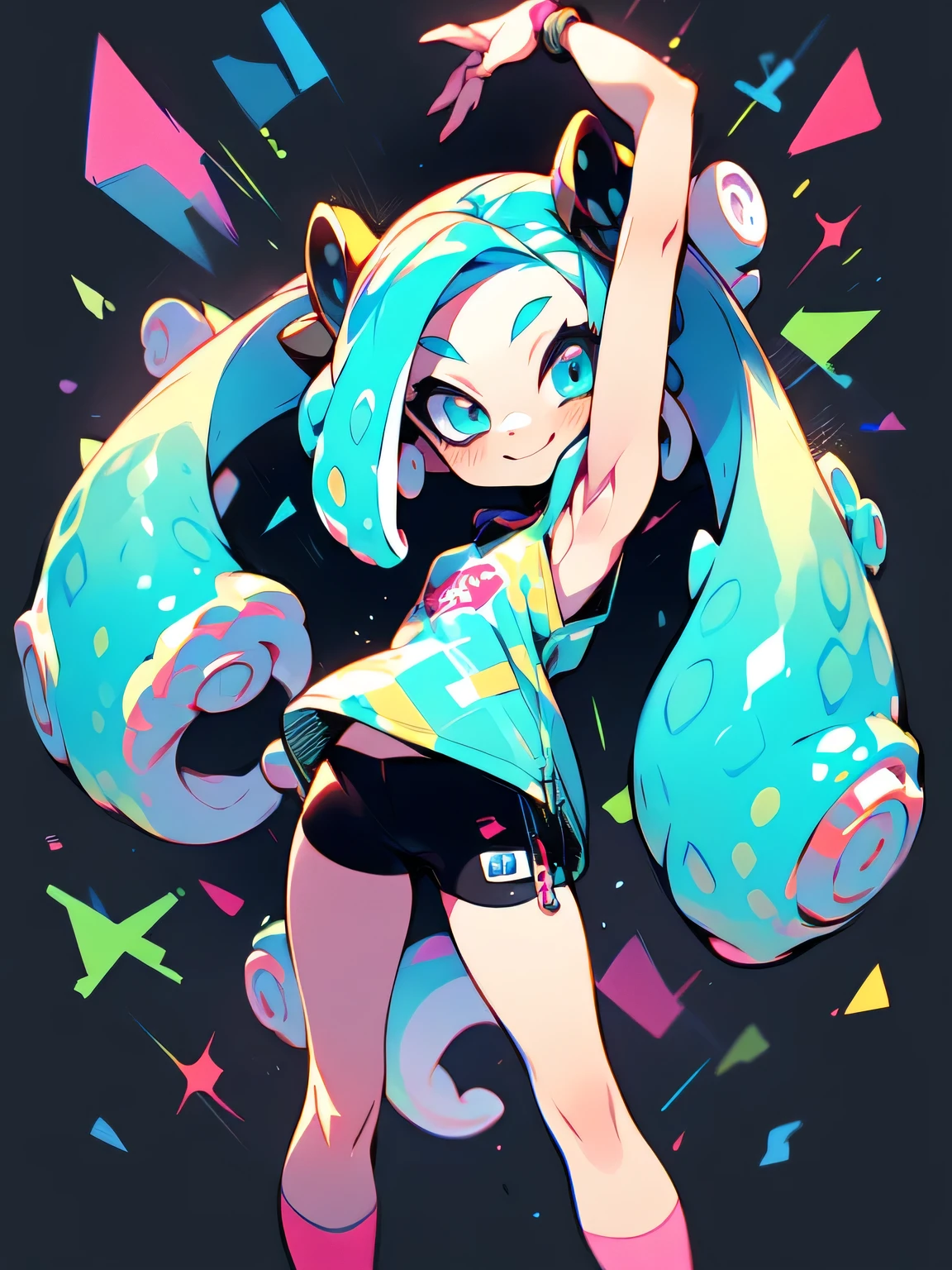 ((( chibi:1.3))),{{{{tentacles,tentacles tickle armpits action}}}},Alone,white twintail,forehead,cute face, camisole,miniskirt, knee-high socks, absolute domain,shiny smile,(Octopus legs get entangled a lot:1.3),((octopus legs background)),( manga style),(sketch),(illustration),