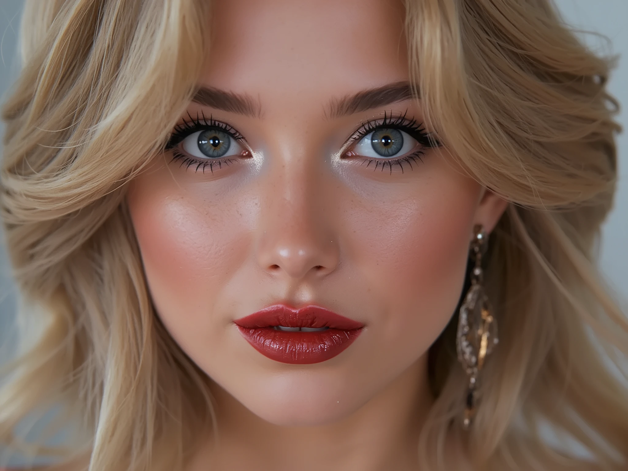 extreme close up of face, deep red shiny lip gloss, eyeliner flicks, eye shadow, elegant blonde hair