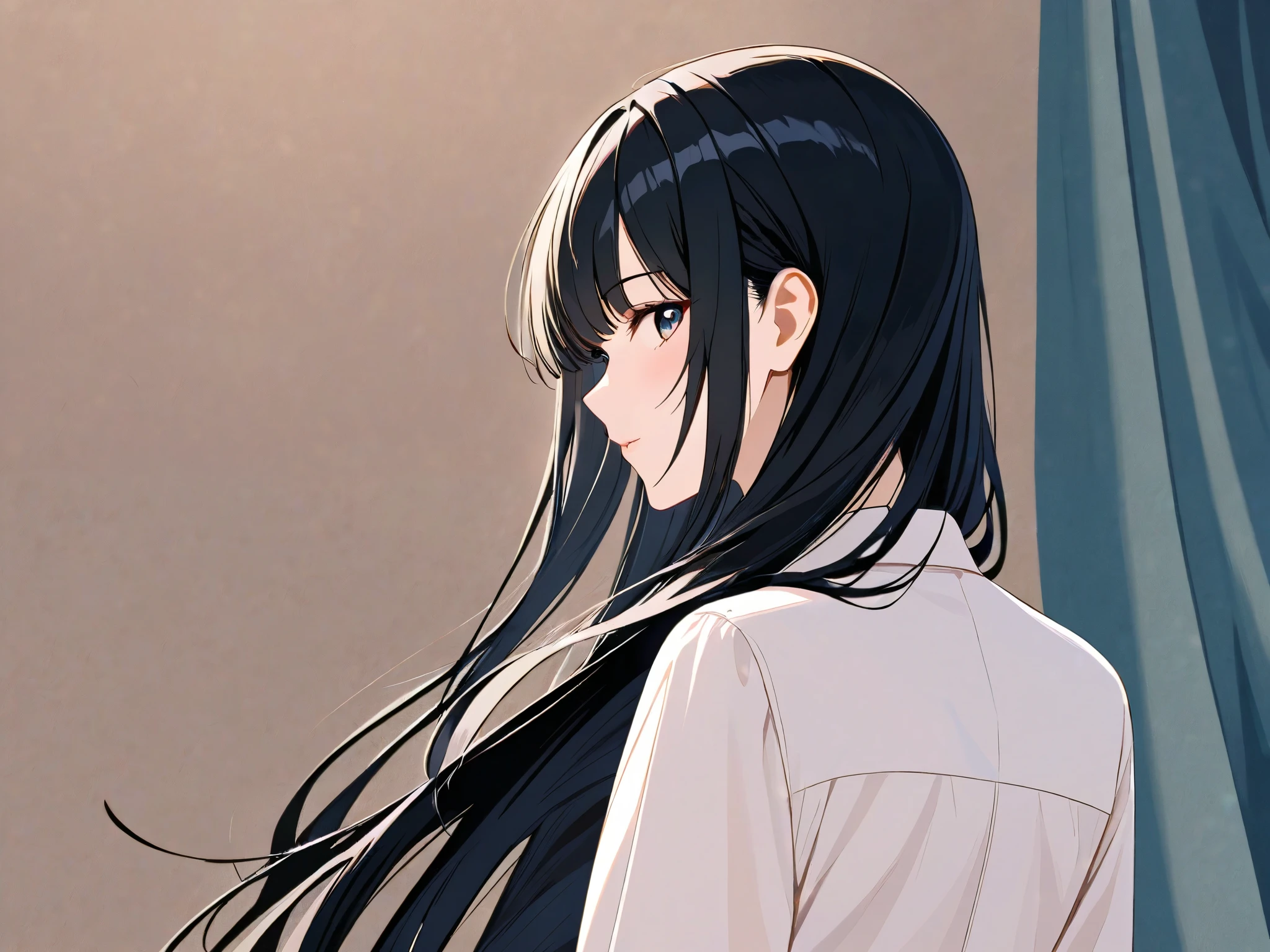 Back view of girl with long black hair modern fashion