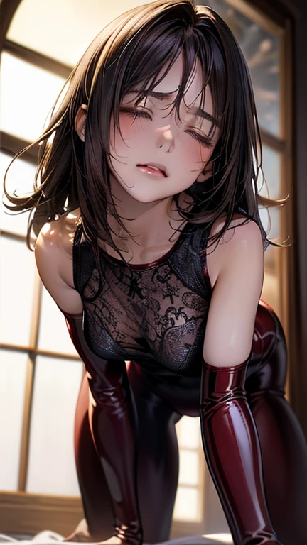 masterpiece, Highest quality, (One woman, 35 years old)、8k、(Lewd)、High leg leotard、latex、Lying on your back、Crotch Emphasis、Spread your legs、Nipple swelling、Crotch line、Love juice、Smirk、Drooling from the mouth、Futanari、Penis erection、 squirting from the tip of the penis、(White mucus seeps out of the leotard)、、Bukkake