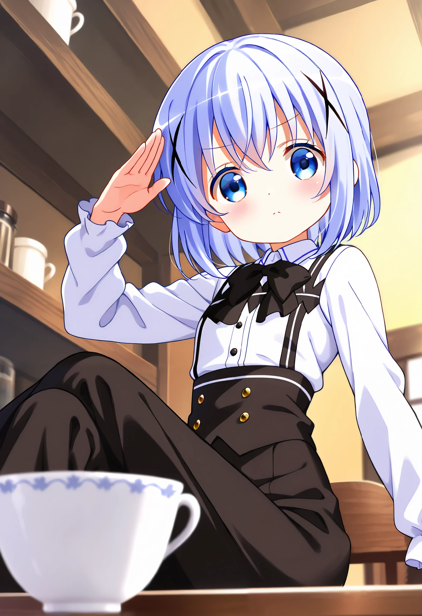 stylish pose ,View from behind, pose looking back,{long sleeve shirt}, {small black bow tie}, {Y-black suspenders}, {black long pants},bob cut,{cross-dressing },serious face ,1girl,soro,{Very cool} ,small breasts ,, one woman ,kafuu chino, Original style, Very high quality, soft to the touch, beautiful,super detailed skin, high resolution, novel illustration, shiny skin,in gochuumon wa usagi desu ka? Style,{carry coffee},cafe