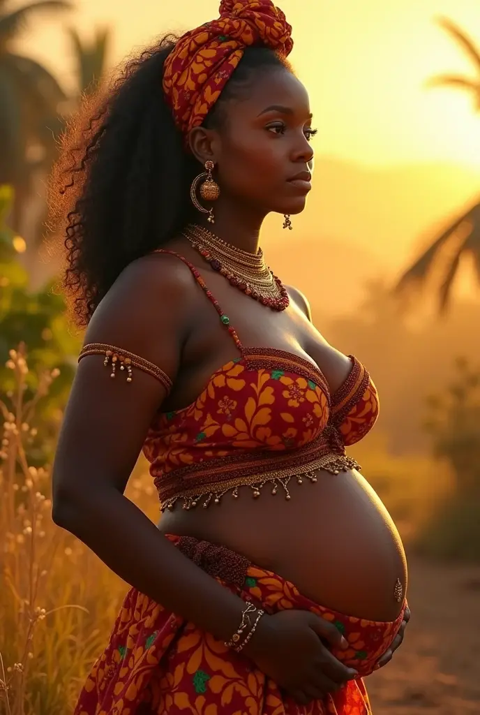 rural Ghanaian woman in bikini, beautiful, head wearing traditional Ghanaian headdress, posing for photo, looking straight at viewer, big butt, big breasts, sexy figure, hourglass figure, sexy pose, detailed expression