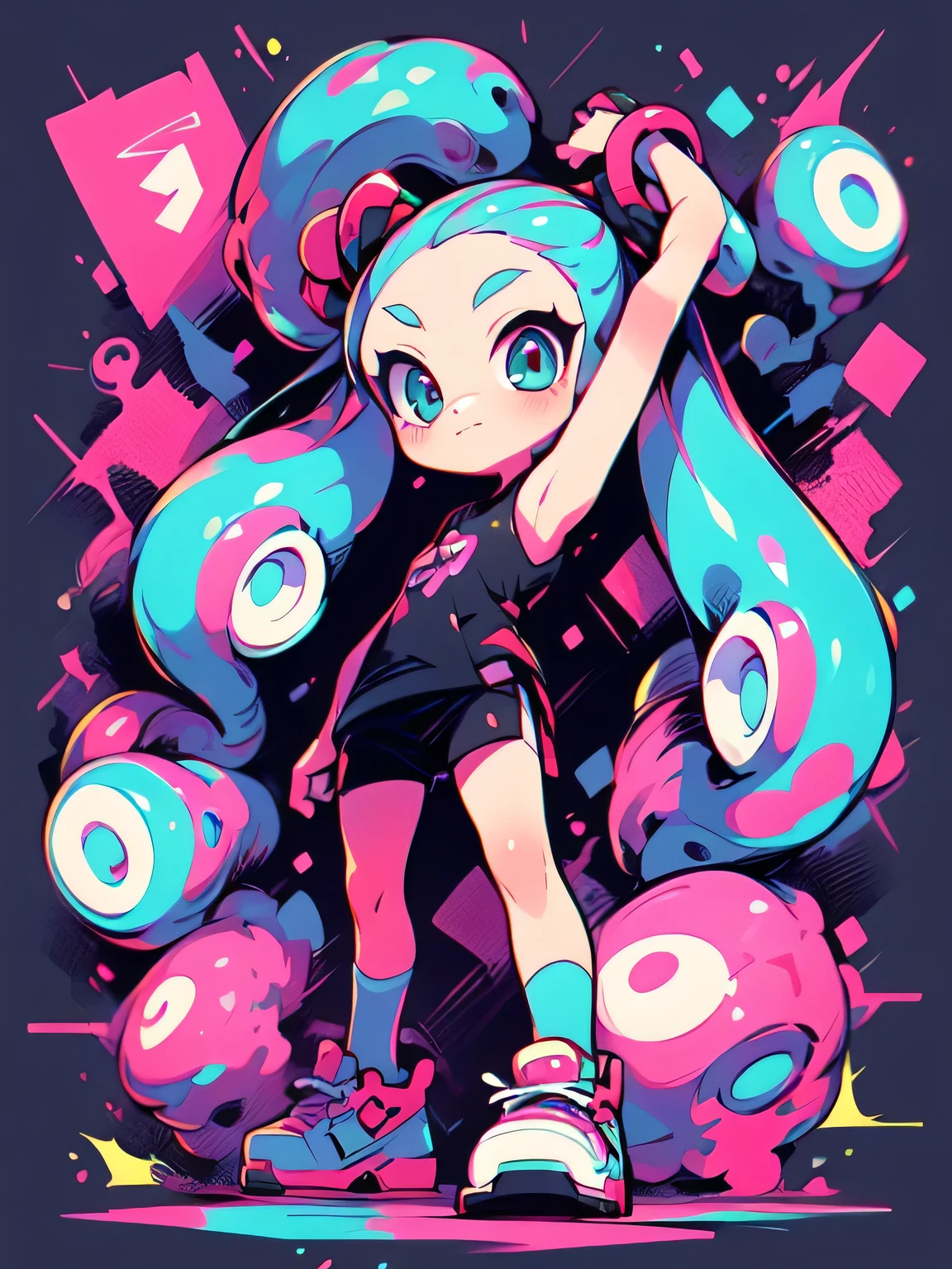(front view),(leaning forword),((( chibi:1.3))),{{{{tentacles,tentacles tickle armpits action}}}},Alone,white twintail,forehead,cute face, camisole,miniskirt, knee-high socks, absolute domain,shiny smile,(Octopus legs get entangled a lot:1.3),((octopus legs background)),( manga style),(sketch),(illustration),