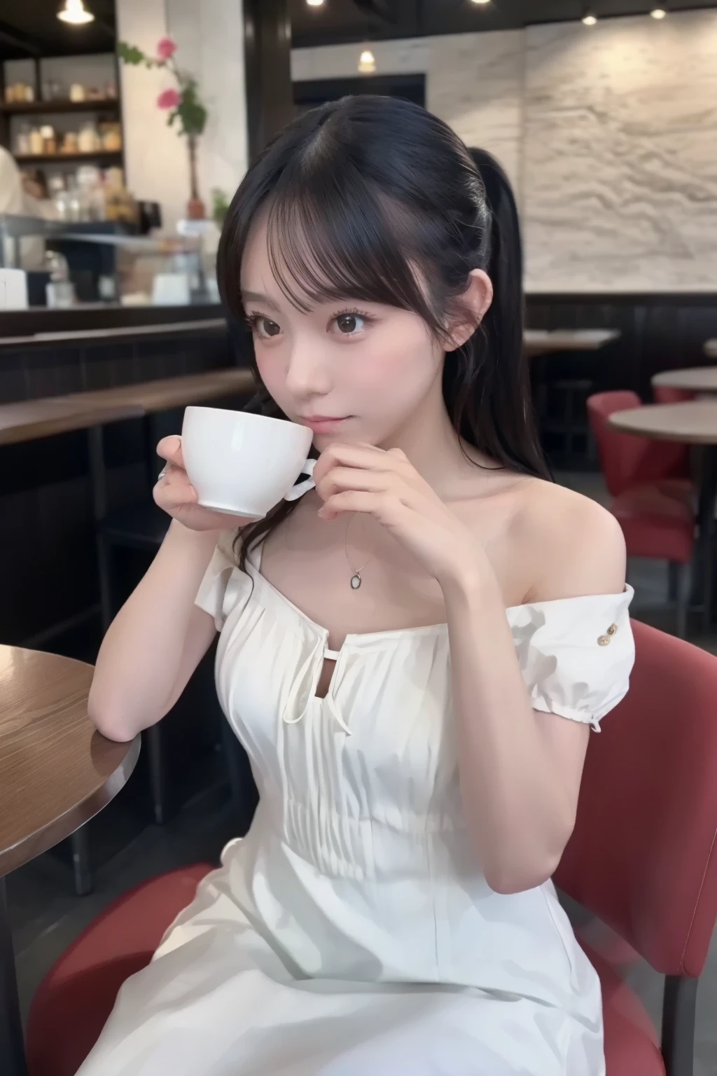woman drinking coffee in a cafe、 wearing a white dress。