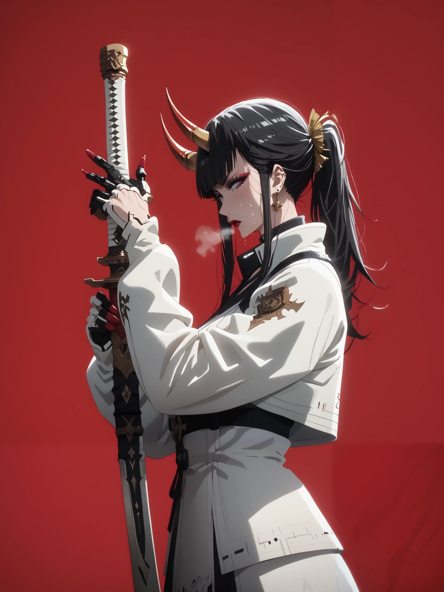 GotExpressCinematic, score_9, score_8_up, score_7_up, score_6_up, uncensored, senjumaru shutara, long hair, bangs, blunt bangs, black hair, sidelocks, black eyes, makeup, lipstick, red lipstick, large breasts, bright pupils, anime coloring, anime screencap, (voluptuous:1.3), (thick:1.3), BREAK UHD, retina, masterpiece, accurate, anatomically correct, textured skin, super detail, high details, high quality, award winning, best quality, highres, 4K, excessive sweating, sweating, sweating drop, (gasping, heavy breathing:1.3), (skindentation:1.2), perfect eyes, beautiful eyes, eyelashes, makeup, detailed body, perfect body, BREAK, 1girl, weapon, solo, sword, red_background, earrings, jewelry, horns, katana, holding_weapon, holding, oni_horns, simple_background, ear_piercing, sheath, holding_sword, oni, mechanical_arms, white_jacket, piercing, jacket, cyberpunk, profile, from_side, sheathed, looking_at_viewer, cyborg,
