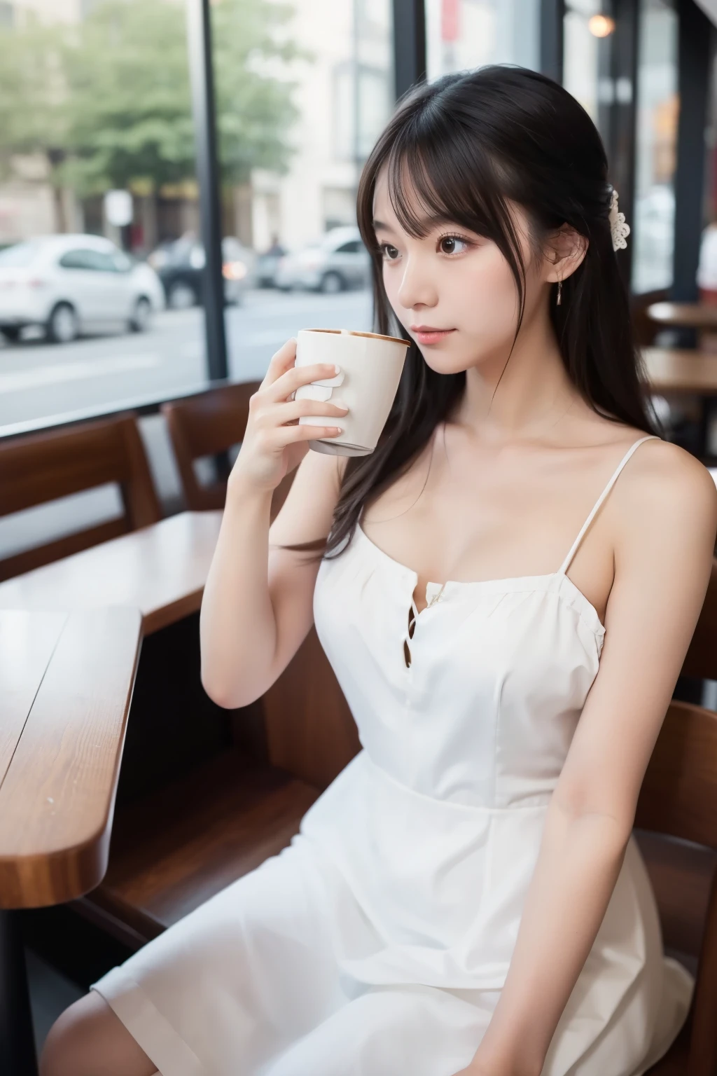  woman drinking coffee in a cafe、 wearing a white dress。