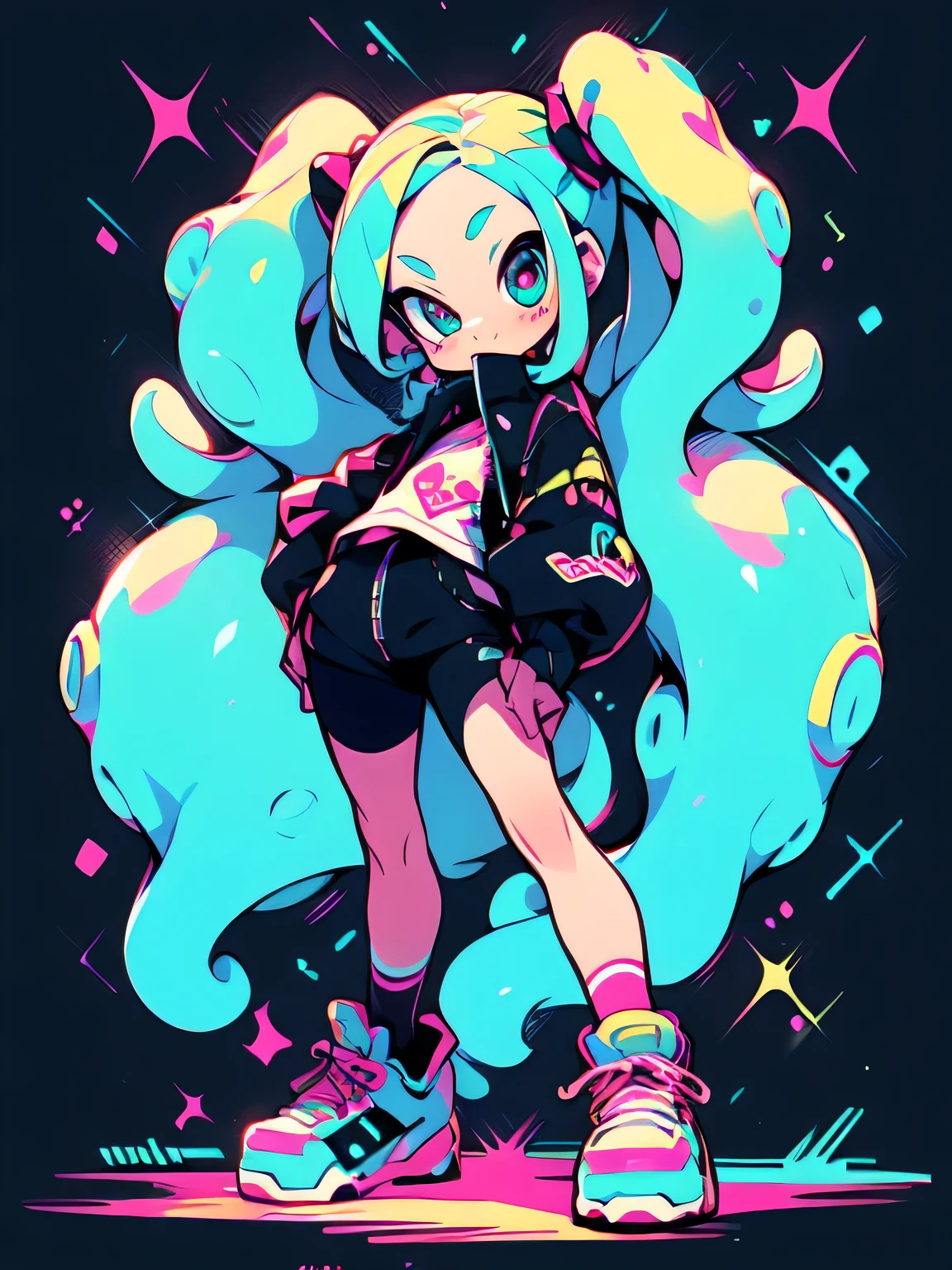 (front view),(leaning forword),(((chibi:1.3))),{{{{tentacles,tentacles tickle armpits action}}}},Alone,white twintail,forehead,cute face, camisole,miniskirt, knee-high socks, absolute domain,shiny smile,(Octopus legs get entangled a lot:1.3),((octopus legs background)),( manga style),(sketch),(illustration),